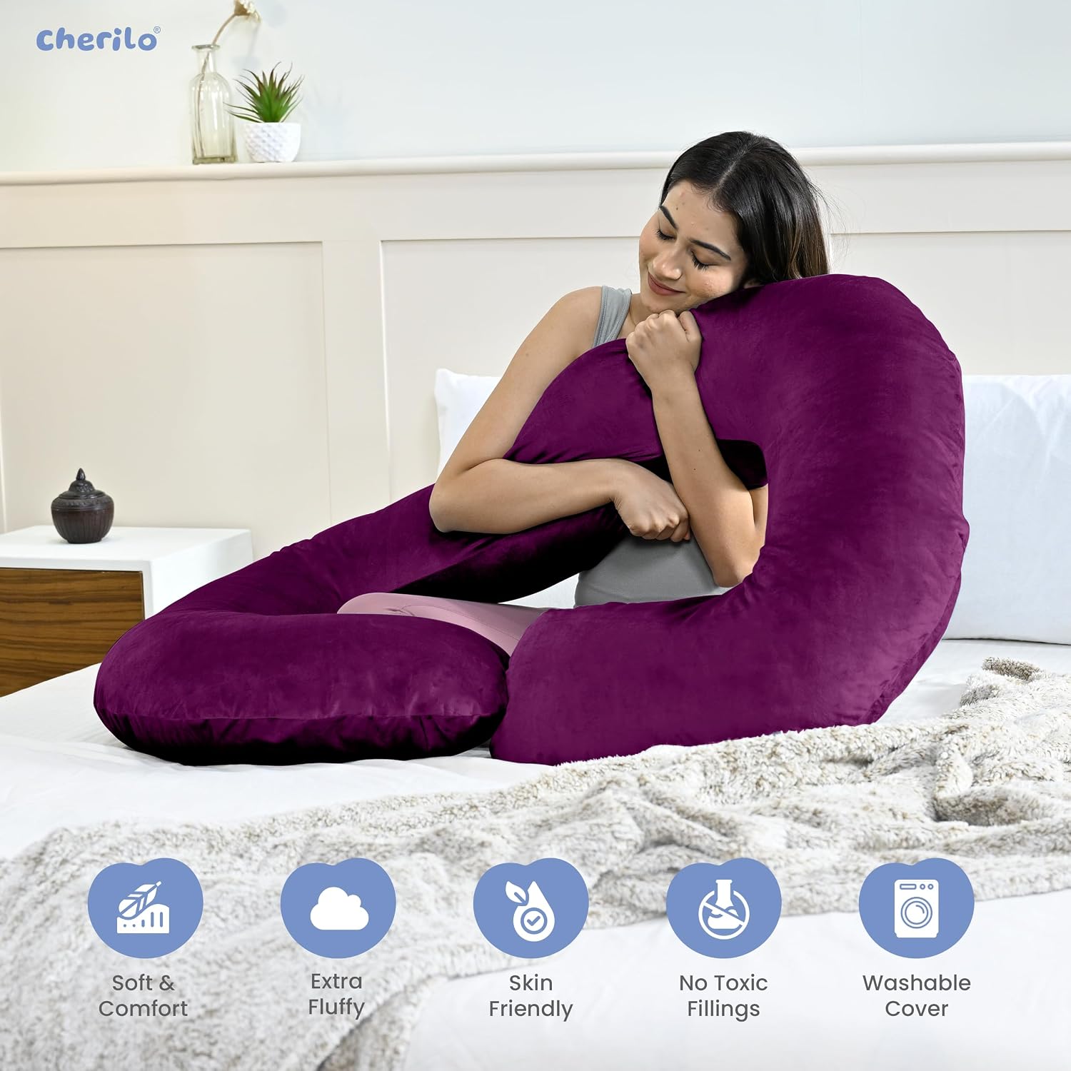 C Shaped Pregnancy Pillow For Maternity & Baby Nursing, Full Body Support, Purple | Abdomen, Spine, Neck & Head Support Cushion | Premium Velvet Outer Cover With Zip, Adjustable Pillow