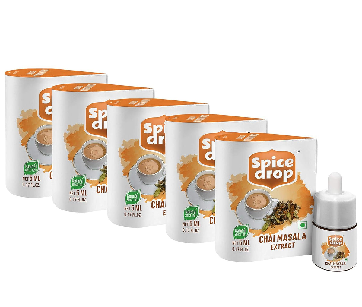 Spice Drop Chai Masala Extract - 900 Cups, Pack Of 5 X 5ml, 0.1 Fl.Oz. Each | Contains Cardamom, Ginger & Black Pepper - Tea Masala Drops | GMO Free, No Preservatives, Gluten Friendly