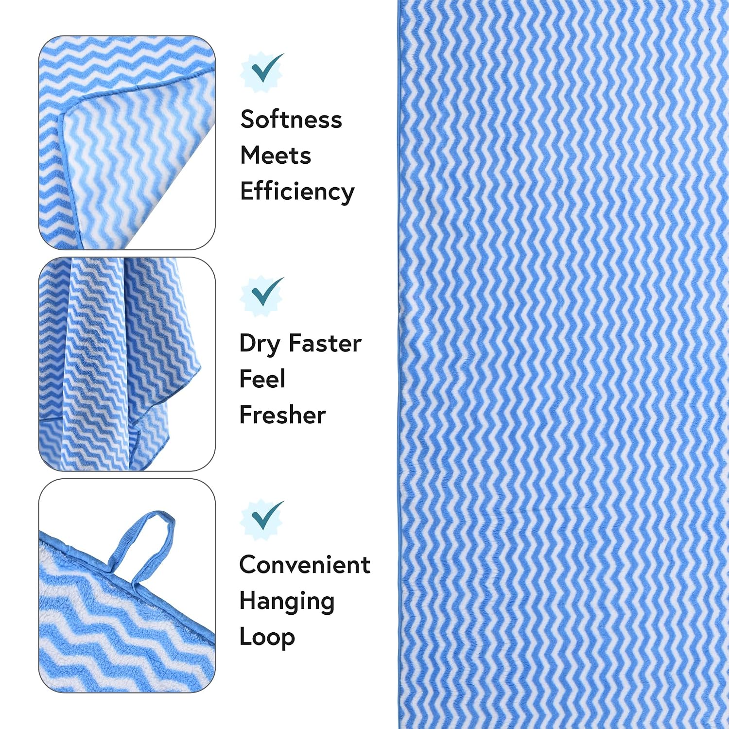 Kuber Industries Microfiber Bath Towel 700 Gsm | Large Size Soft Quick Dry & Absorbent Shower Bath Towel (Zig Zag - Blue)- Pack Of 2