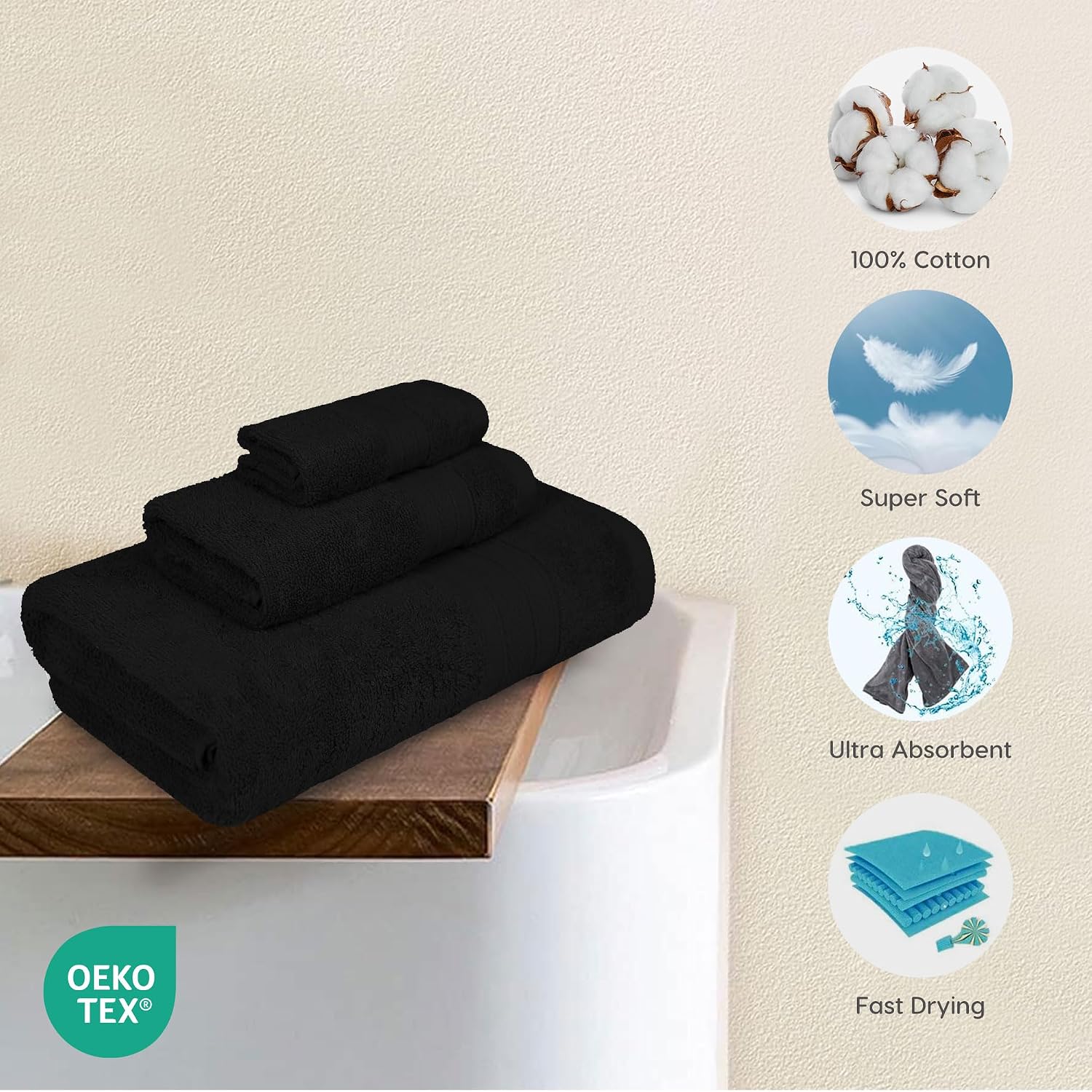 Trident Soft Comfort Air Rich Bath Towels 500 Gsm | 100% Cotton Towel, Super Soft, Highly Absorbent, 3 Pieces (Black)