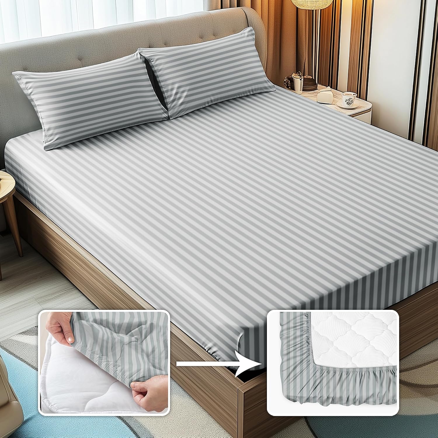 Stripes King Size Cotton Bedsheet With 2 Pillow Covers - 86 X 94 Inches, Light Grey | Perfect For Home Decor, Guest House | Ideal For All Seasons