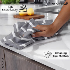 Encasa Xo Kitchen Cooking Cloth 340 Gsm | Cotton Hand Towel For Drying Dishes Highly Absorbent Cleaning & Quick Drying Of Plates | Roma Grey Stripes (Set Of 4)