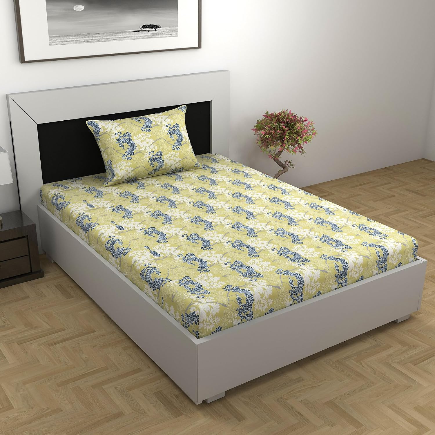 100% Cotton Single Bedsheet With 1 Matching Pillow Covers - 57 X 87 Inches, Lemon Green | All Weather Comfort & Bedroom - Softness & Natural Breathability