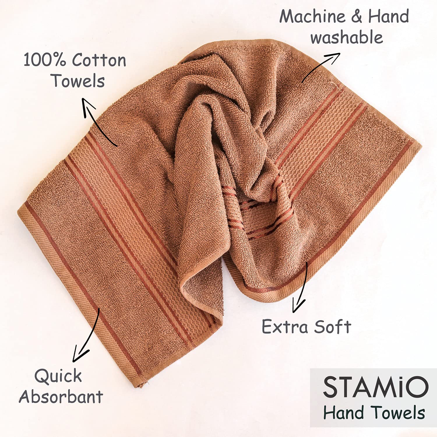 Stamio Cotton Hand Towel 800 Gsm | Soft, Absorbent, Quick Dry, Small Size Towels, Travel Friendly Towel (Sepia Brown) - Set Of 4