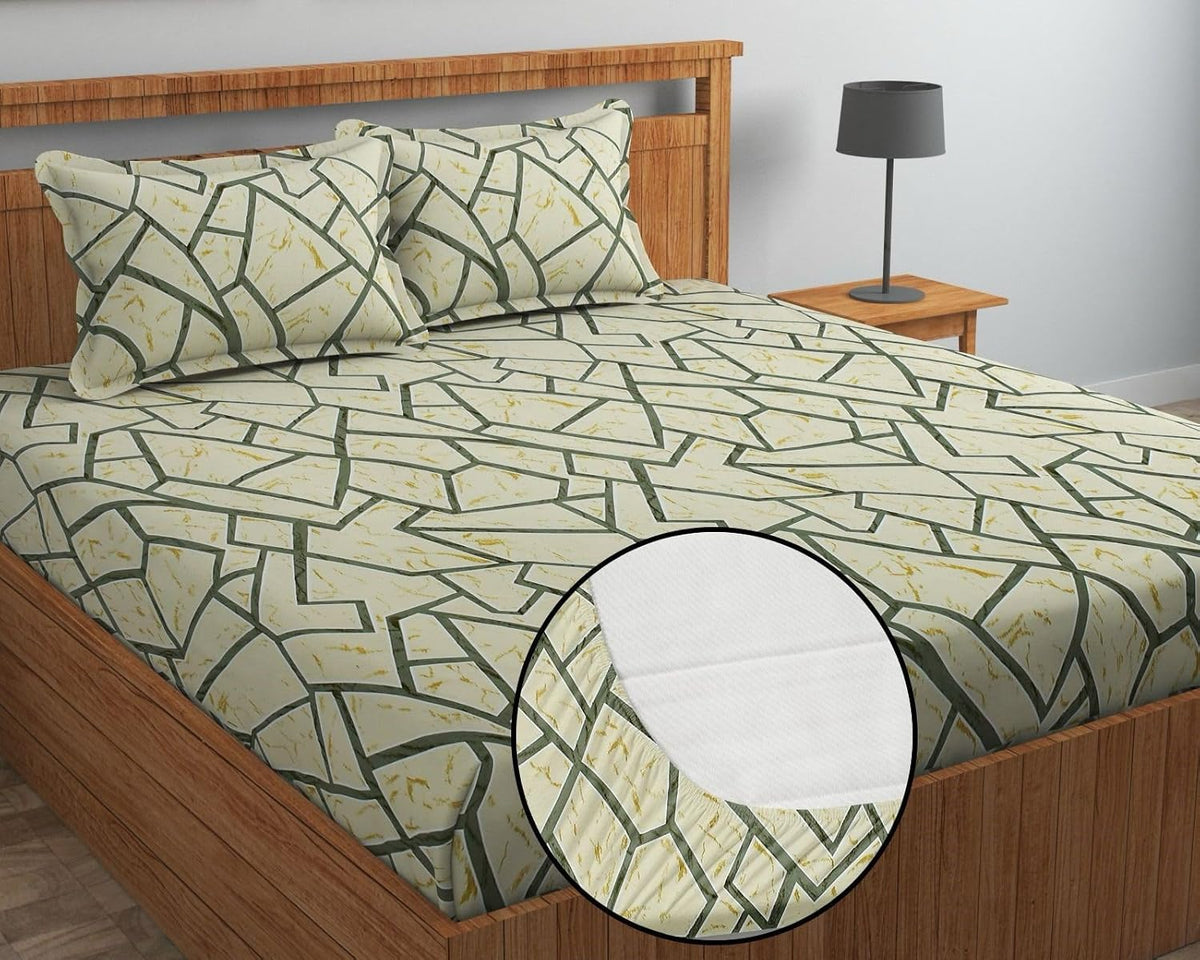 Pure Cotton Full Elastic Fitted Bedsheets For Double King Size Bed With 2 Pillow Covers | 72x78+10 Inches, Green | Super Soft Brushed Glace | Breathable & Wrinkle Free