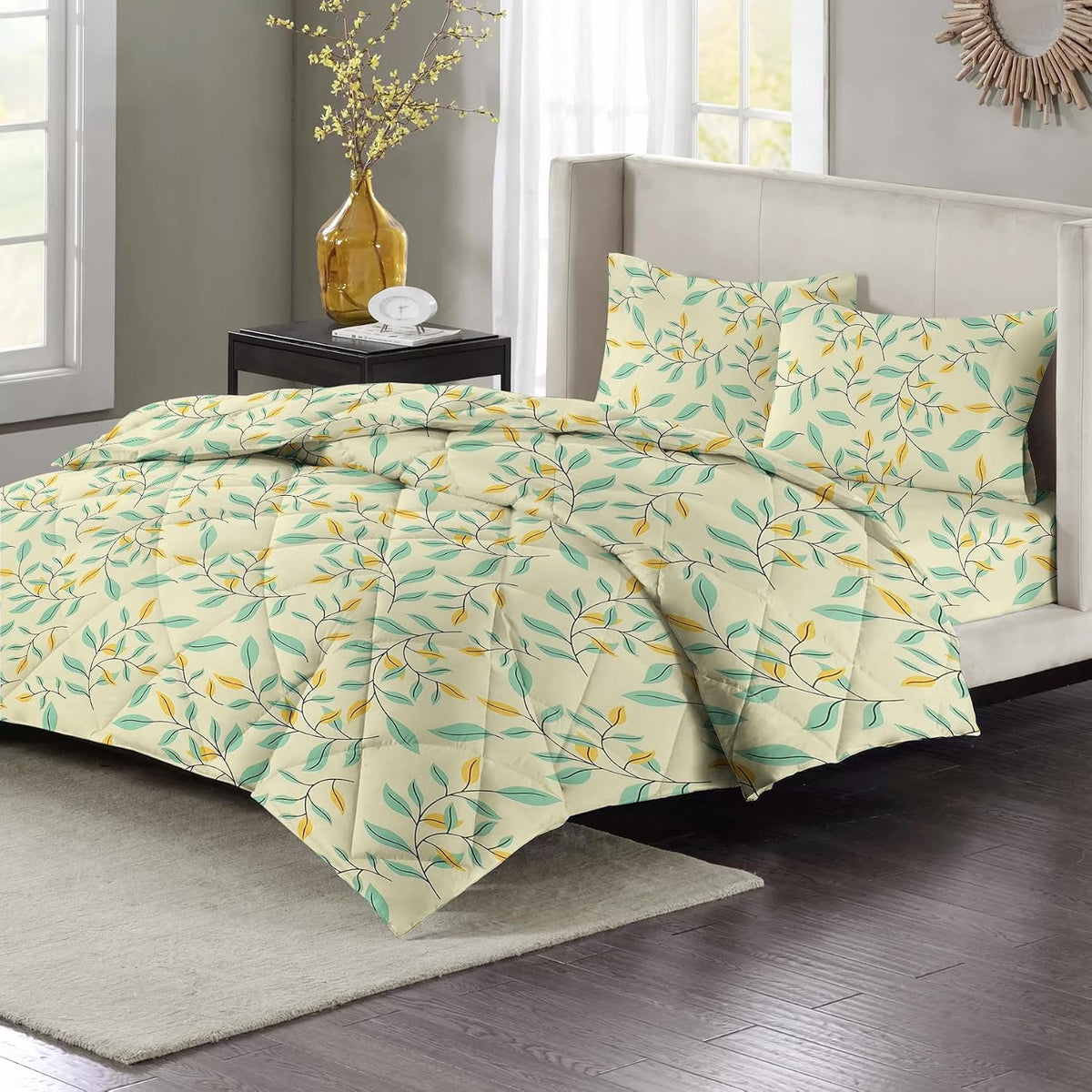 Cotton 1 AC Comforter Set King Size 1 Double Bedsheet With & 2 King Pillow Covers - 90 X 100 Inches, Beige & Light Green | Suitable For All Weather Season - 4 Pcs Bedding Set