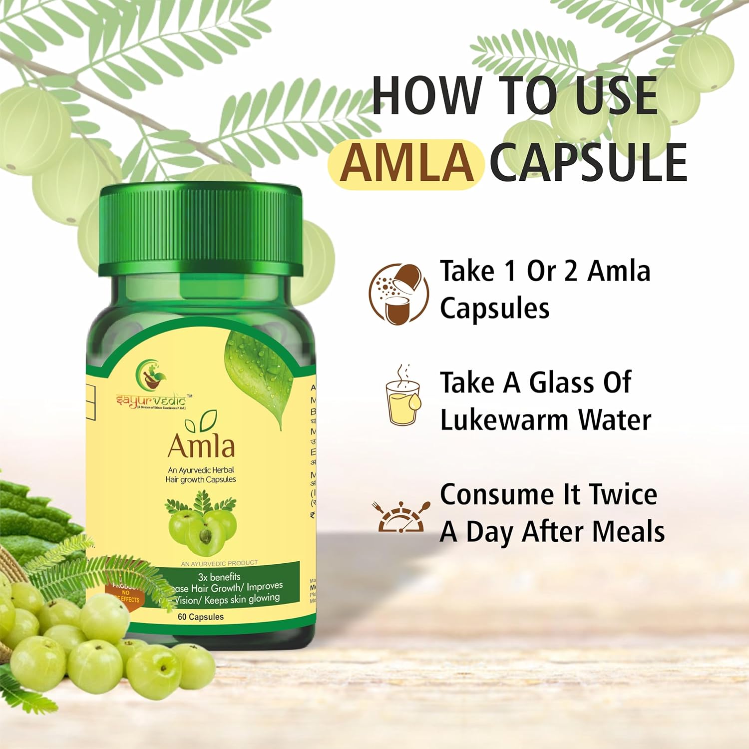Sayurvedic Amla Health Booster Hair Care, Rich In Antioxidants, Provides Protection Against Infections, Pure Herbs | 60 Capsules, 100gm 0.2lbs