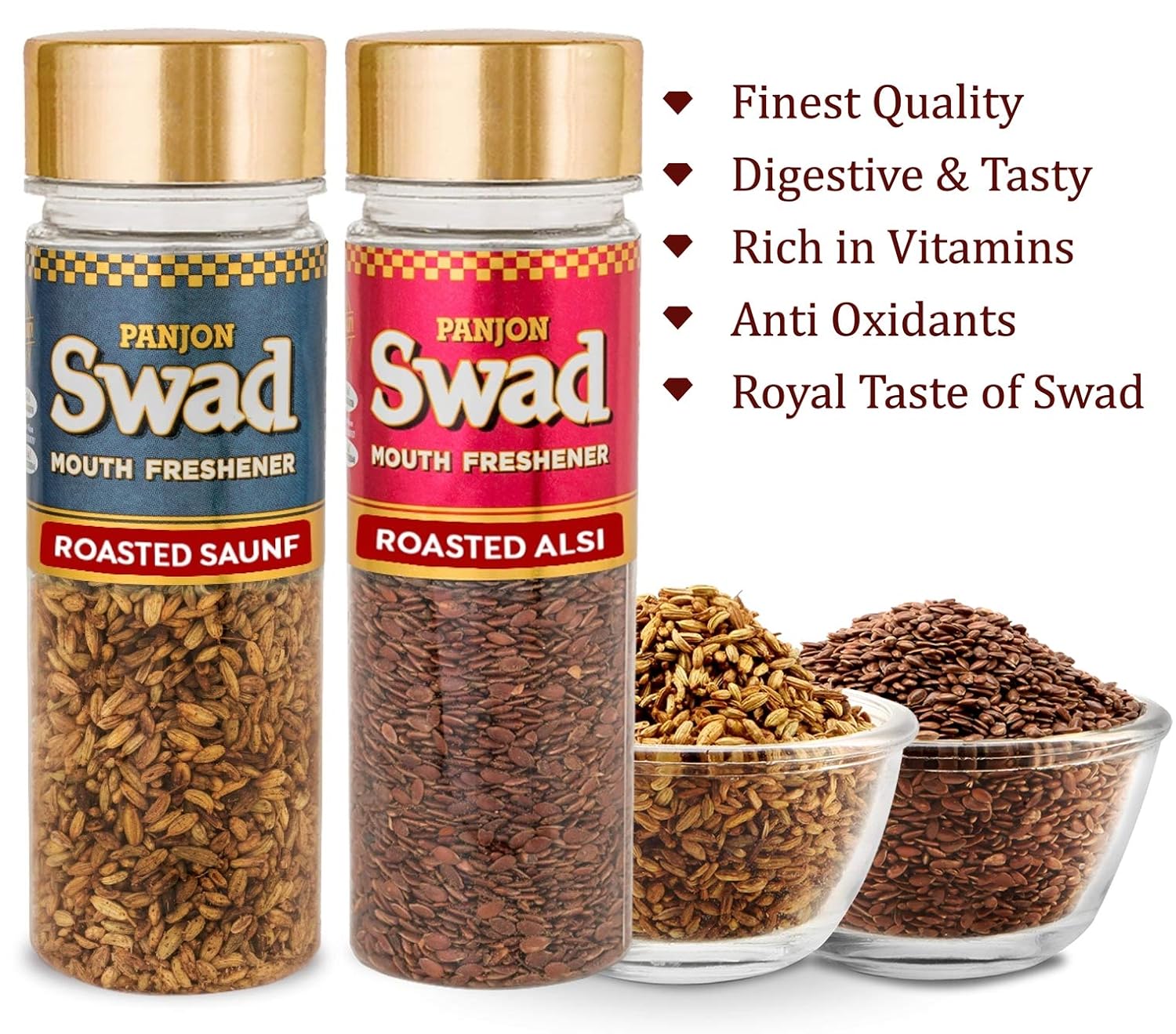 Panjon Swad Roasted Saunf & Roasted Alsi Mouth Fresheners 340gm, (170gm *2 Bottles)