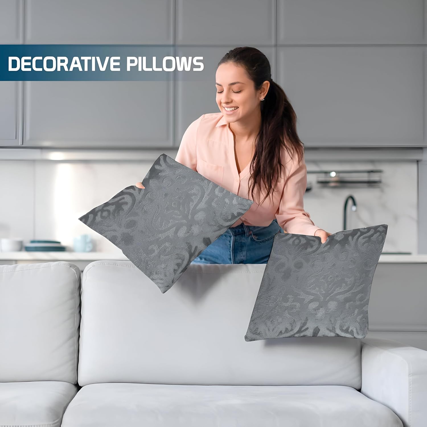 Microfiber Square Pillow Cushion For Sofa & Bed, Grey - 24 X 24 Inch | Soft, Fluffy For Comfort & Back Support | Breathable, Washable | Premium Velvet Outer Cover With Zip - Set Of 4