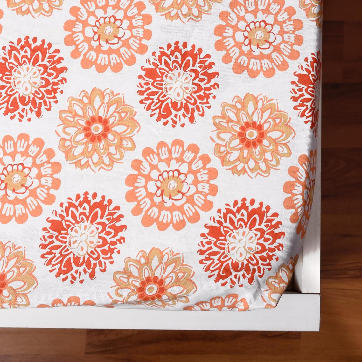 Double Bedsheet For Queen Size With 2 Pillow Covers - 60 X 78 Inches, White & Red Orange | All Around Elastic Fitted Soft, Lightweight & Breathable Cotton Bedsheet