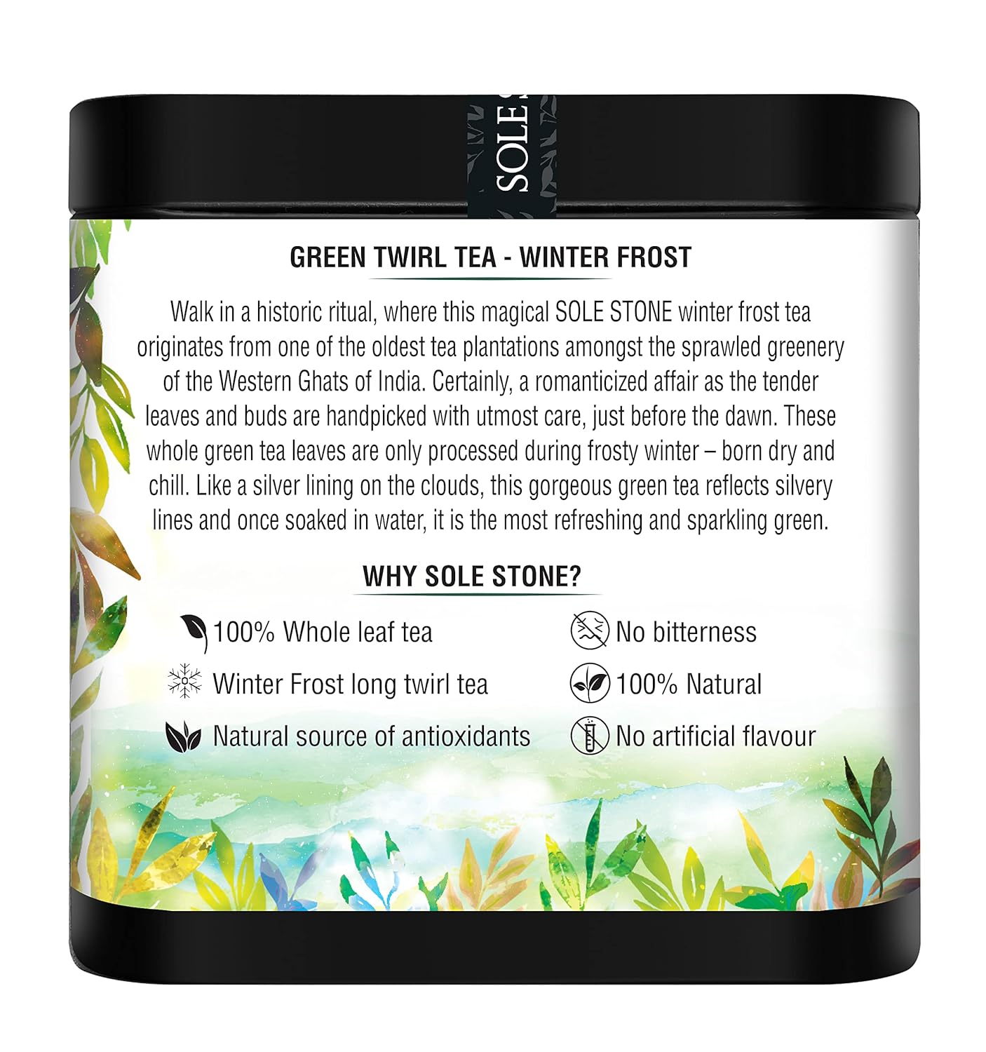 Sole Stone Winter Frost Green Twirl Tea - 100gm, 3.5 Ounce, 40 Cups | Whole Leaf Twirls, 0% Bitterness - Rich In Antioxidants, Low Caffeine | 100% Natural Whole Leaf Tea