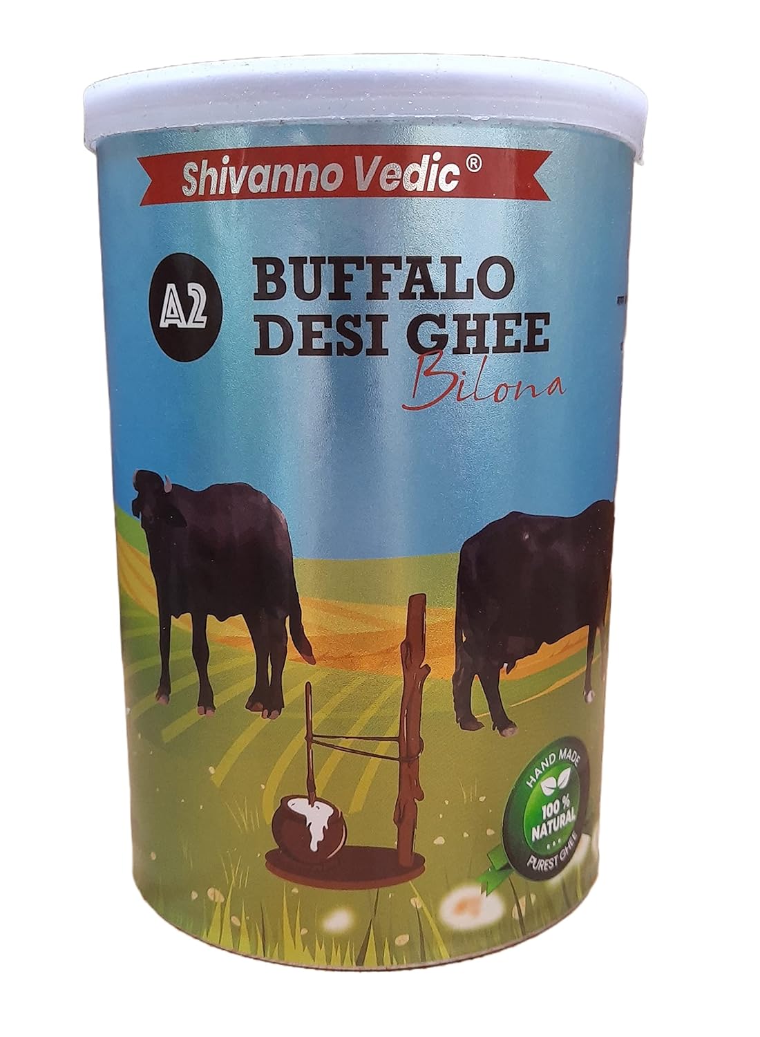 Organic Natural A2 Buffalo Bilona Desi Ghee By Shivanno Vedic | Hand Made Using Traditional Curd Churning Method Indian Desi Buffalo Ghee | (1 Litre) 33.8 Ounce | Tin Pack