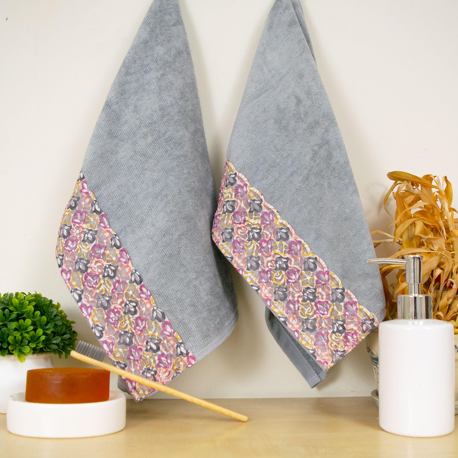 Rangoli Prima Dream 100% Cotton Lace Hand Towel 400 Gsm | Towels For Hand Small Size, Ultra Soft, Super Absorbent & Eco-Friendly Hanging Hand Towels (Grey) - Pack Of 2