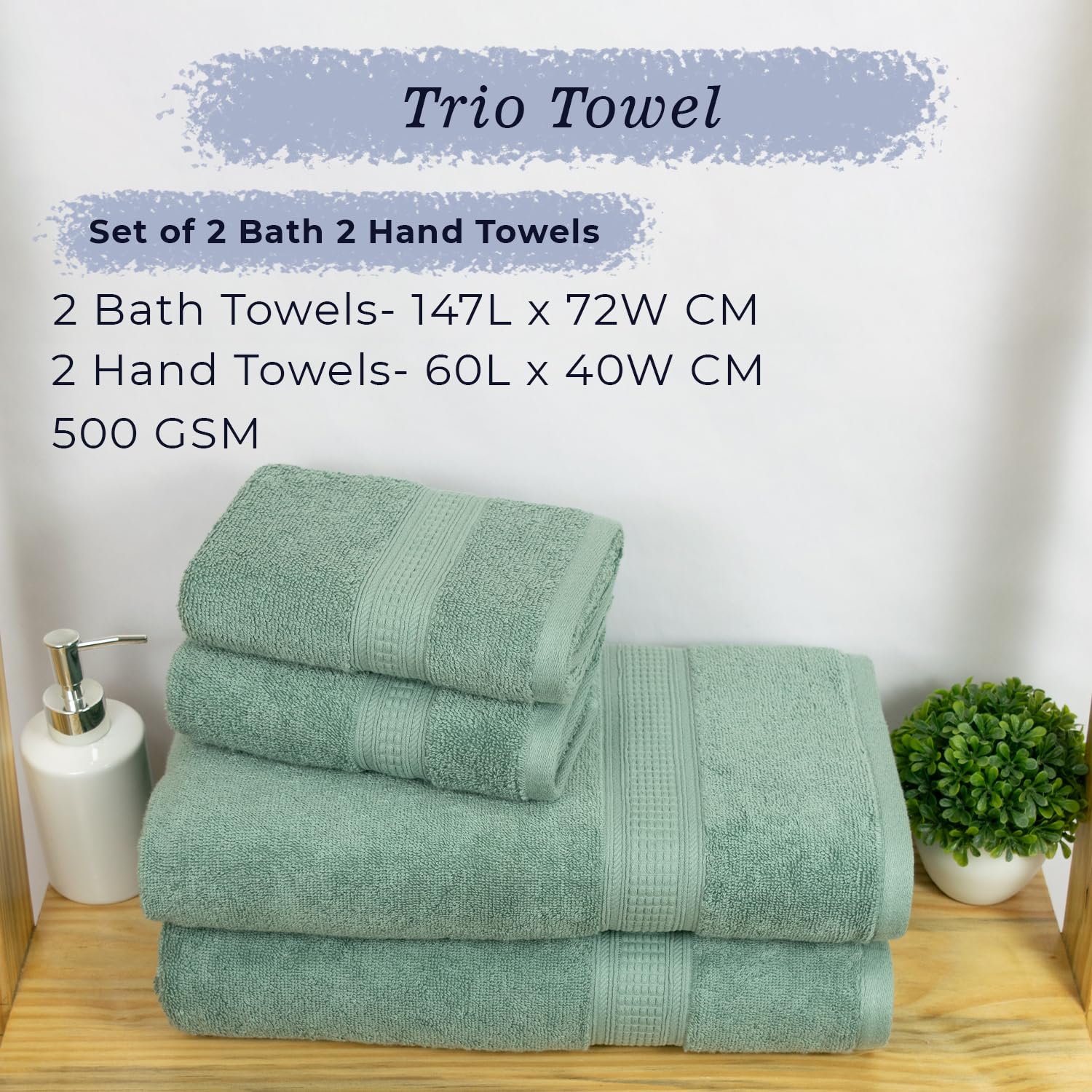 Rangoli 100% Cotton Fibre 2 Bath & 2 Hand Towel 1400 Gsm | Highly Durable & Super Absorbent Towel | Skin-Friendly & Quick Drying Luxury Towels (Mint Green) - Pack Of 4
