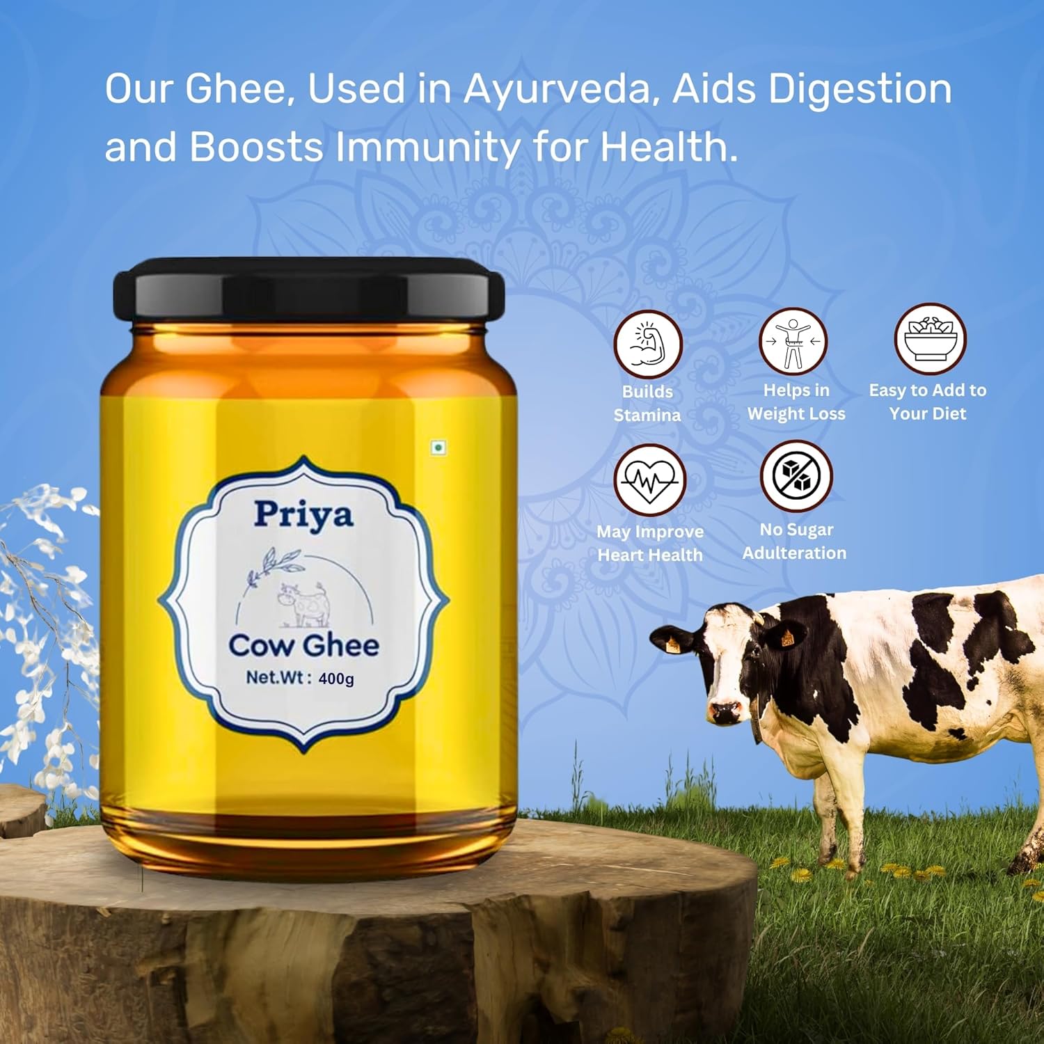 Organic Cow Ghee By Priya | Good Source Of Vitamin A, Delicious & Nutritious Healthy Desi Ghee For Morning Breakfast Bakes | (400ml) 13.5 Ounce | Jar Pack