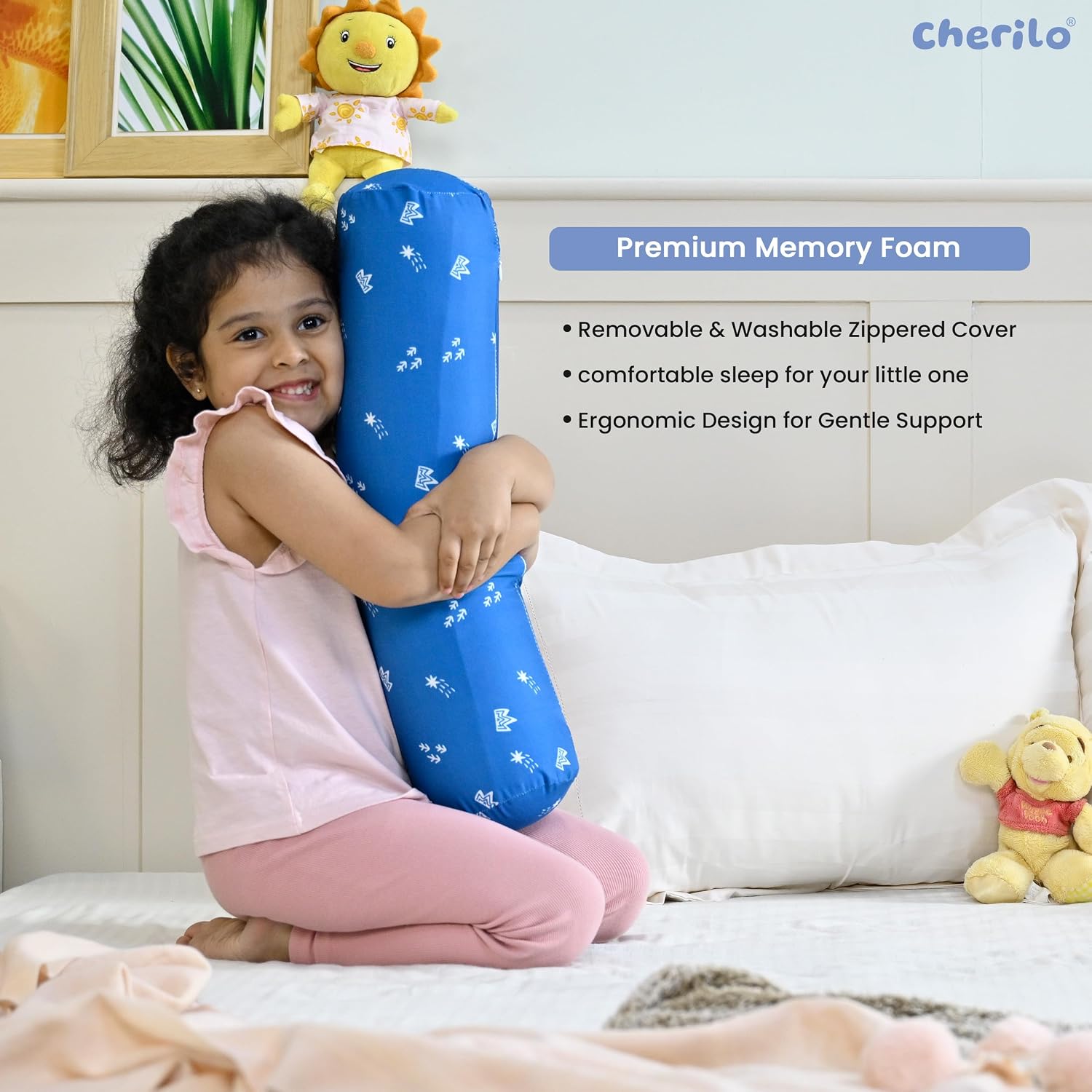 Memory Foam Soft Baby Bolster Pillow Cushion For Side & Neck Support, Blue | Removable & Washable Cover, Versatile Use, Comfortable & Restful Sleep, Portable, Lightweight Bed Pillow