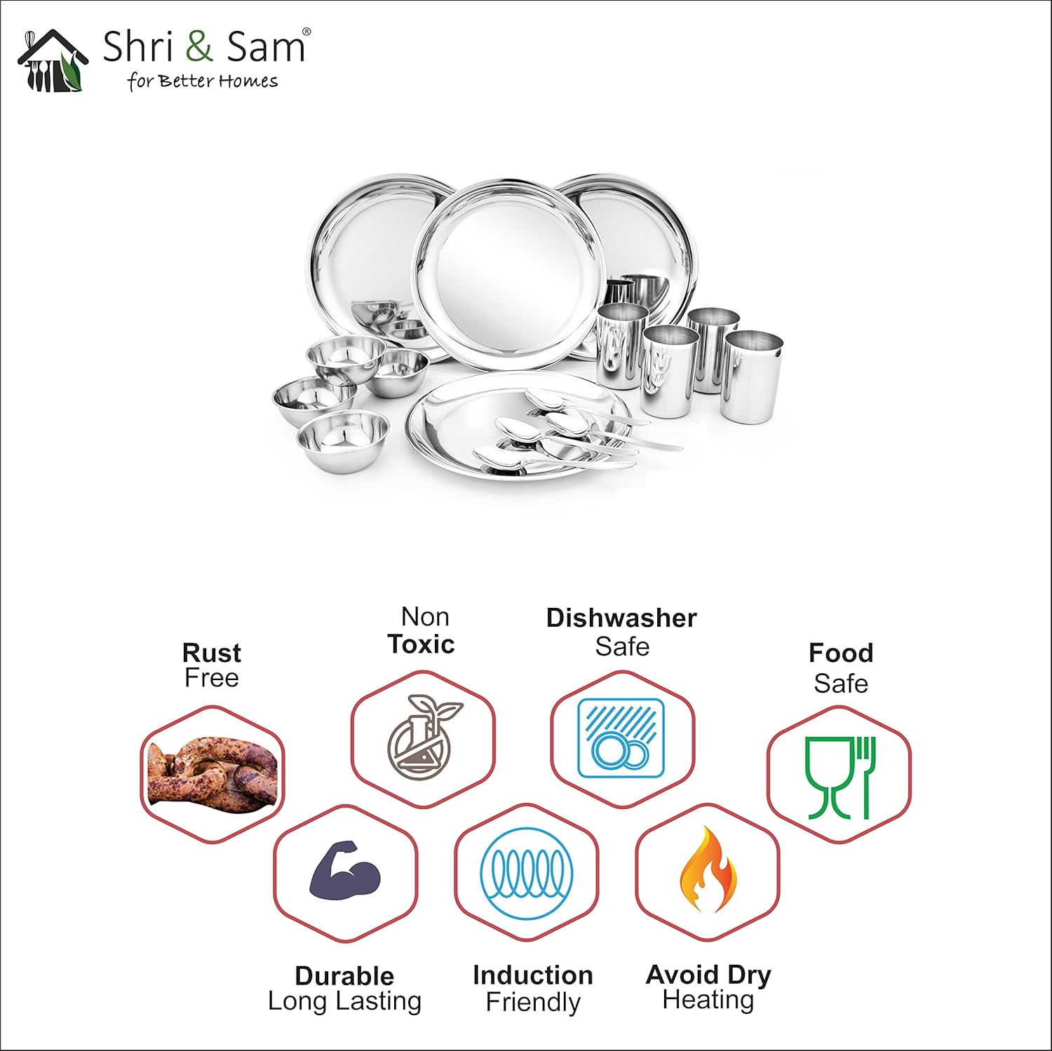 Stainless Steel Delight Solid Dinner Set Of 16 Pieces, Silver | 4 Dinner Plates+ 4 Glasses+ 4 Bowls+ 4 Dessert Spoons - Easy To Clean & Dishwasher-Safe