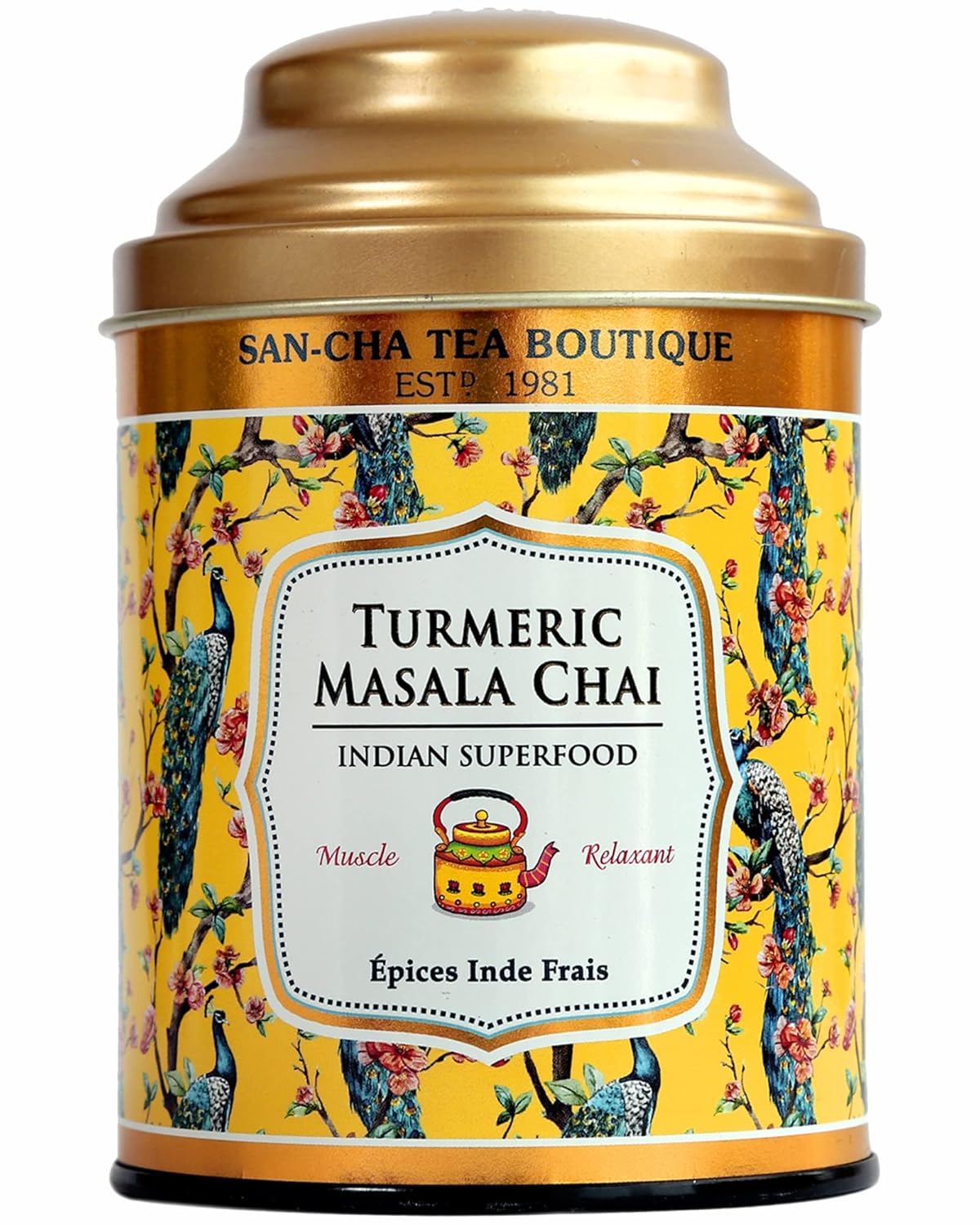 San-Cha Tea Boutique Turmeric Masala Chai - 100gm, 3.5 Ounce | Indian Superfood Blend Wellness Drink - Anti Inflammatory Golden Milk Tea | Medium Caffeine Loose Leaf Tea
