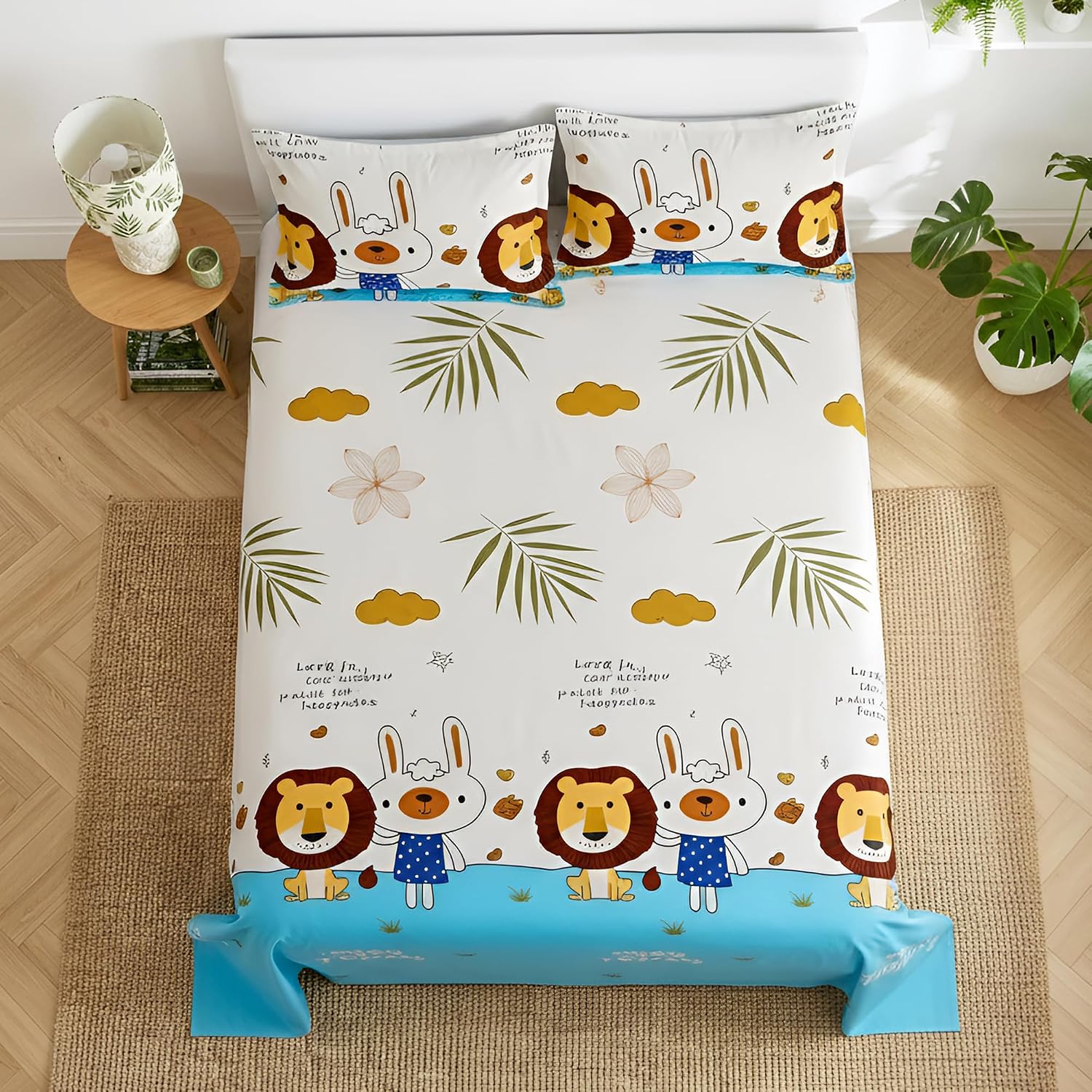 Kids Double Bed Bedsheet Set With 2 Pillow Covers - 88 X 100 Inches, White & Brown | Soft Bedding For Boys & Girls | Cartoon Design