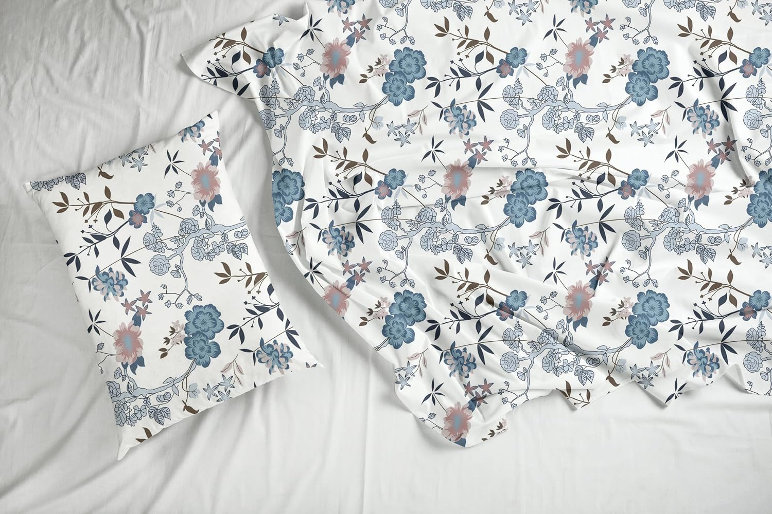 Cotton Bedsheet For Single Bed With 1 Pillow Cover - 54 X 84 Inches, Blue & White | Soft Touch Cotton Fabric-Comfortable & Durable | Elegant Printed Bedding Set For Daily Use