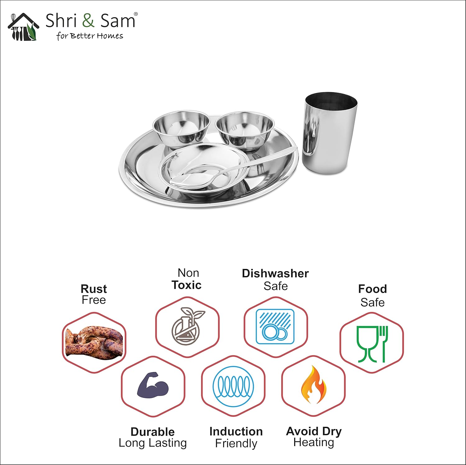 Stainless Steel Delight Solid Dinner Set Of 6 Pieces, Silver | 1 Dinner Plate+ 1 Glass+ 2 Bowls+ 1 Pudding Bowl+ 1 Dessert Spoon