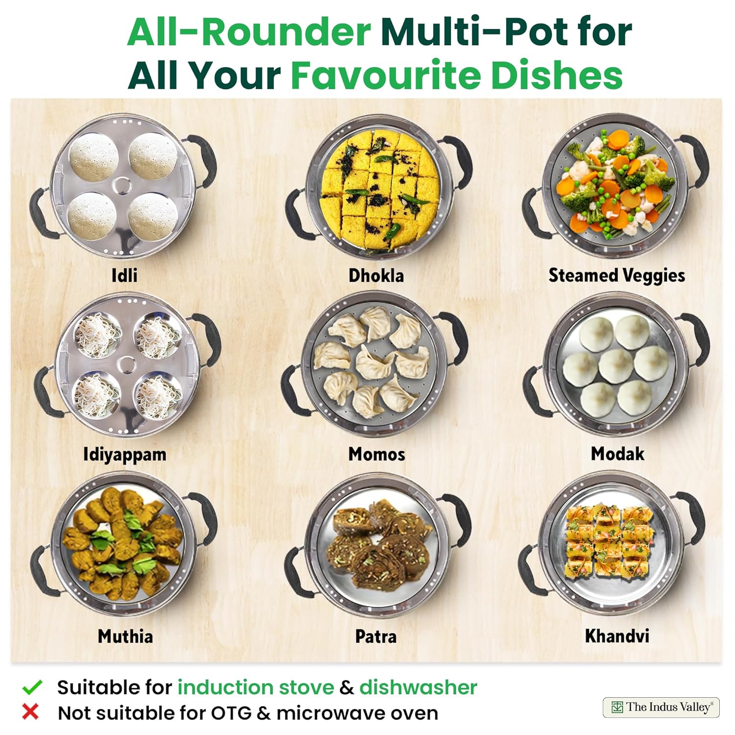 Stainless Steel Idli, Dhokla, Momo Maker - Multi Pot & Steaming Set | Small, 5 Plates, 23cm - 9 Inch, 3 Liters, 1.7 Kg - Nonstick 3-Layer Bottom | Induction Friendly - Tri-Ply Sandwich Bottom