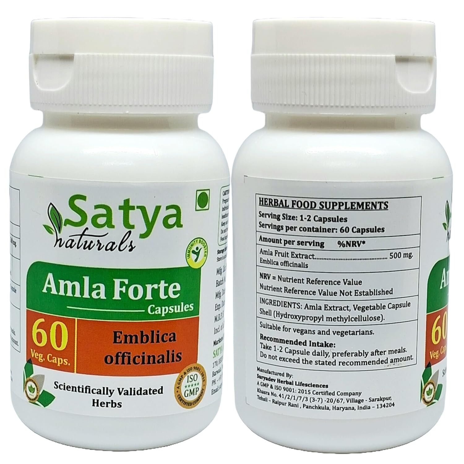Satya Naturals Emblica Officinalis Amla, Amalaki Extract Capsules Highest Potency, 100% Herbal Product | 500mg 60 Veg Capsules 100gm 0.2lbs Each Pack Of 2