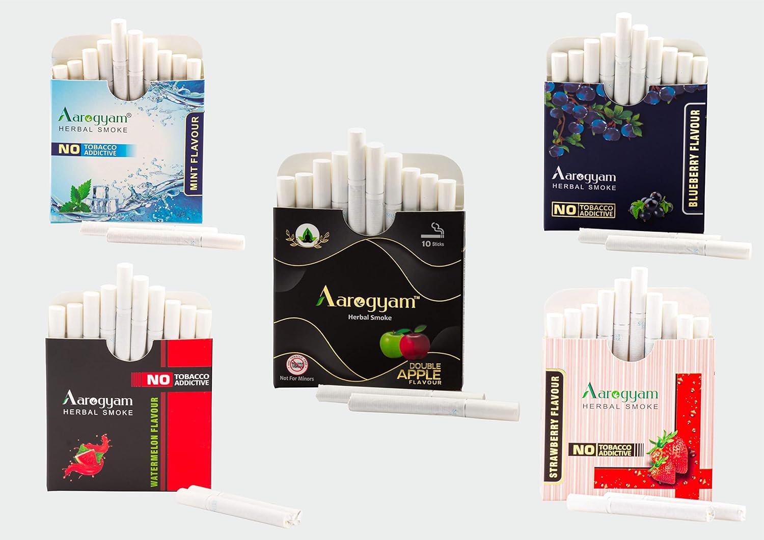 Aarogyam Herbals Tobacco & Nicotine Free Herbal Flavor Cigarette For Relieve Stress - Double Apple, Mint, Blueberry, Watermelon, Strawberry Flavour - Pack Of 5 50 Sticks