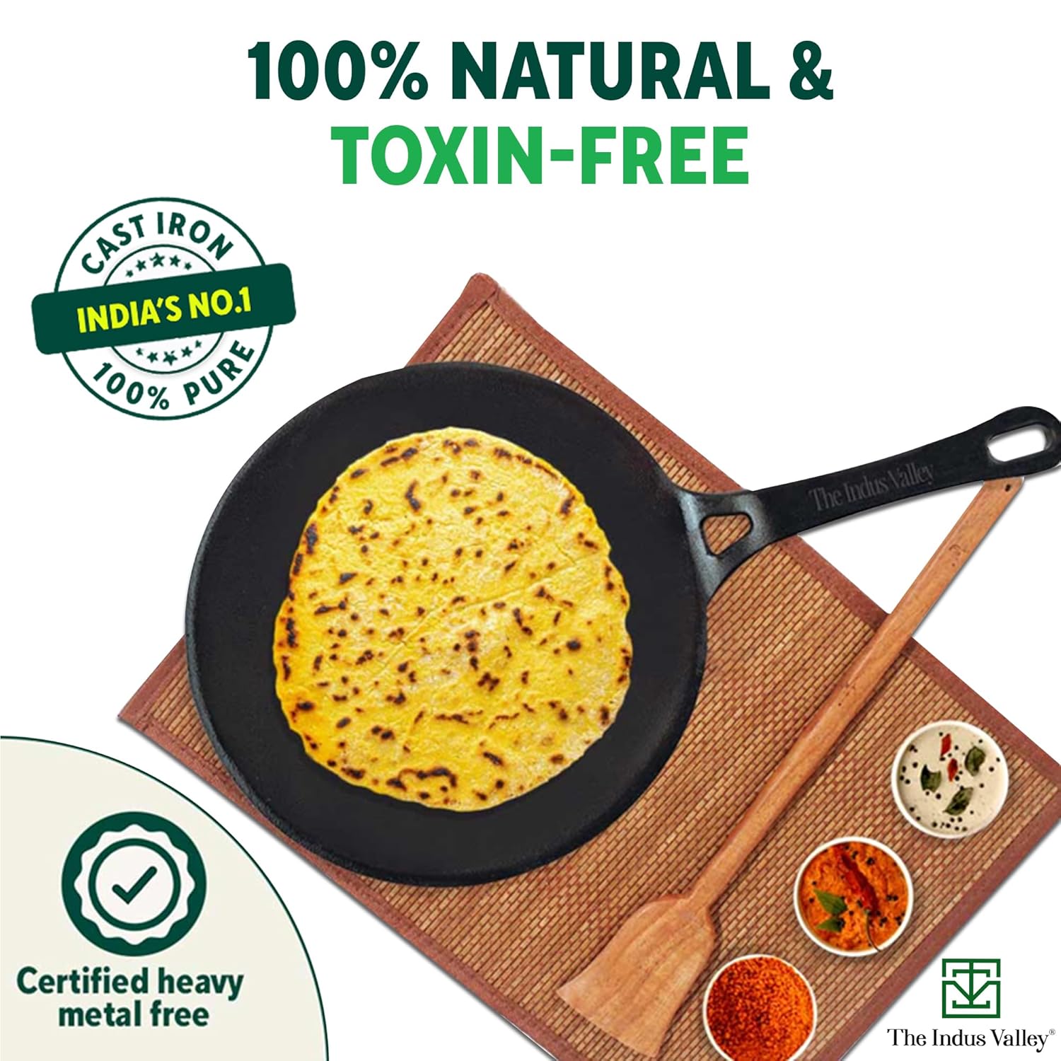 Pre-Seasoned Cast Iron Tawa For Dosa, Chapathi With Iron Tadka Pan | Nonstick, Pre-Seasoned Tava, 100% Pure & Toxin-Free - Pre-Seasoned Cast Iron Tawa, 26cm, 10.2 Inch