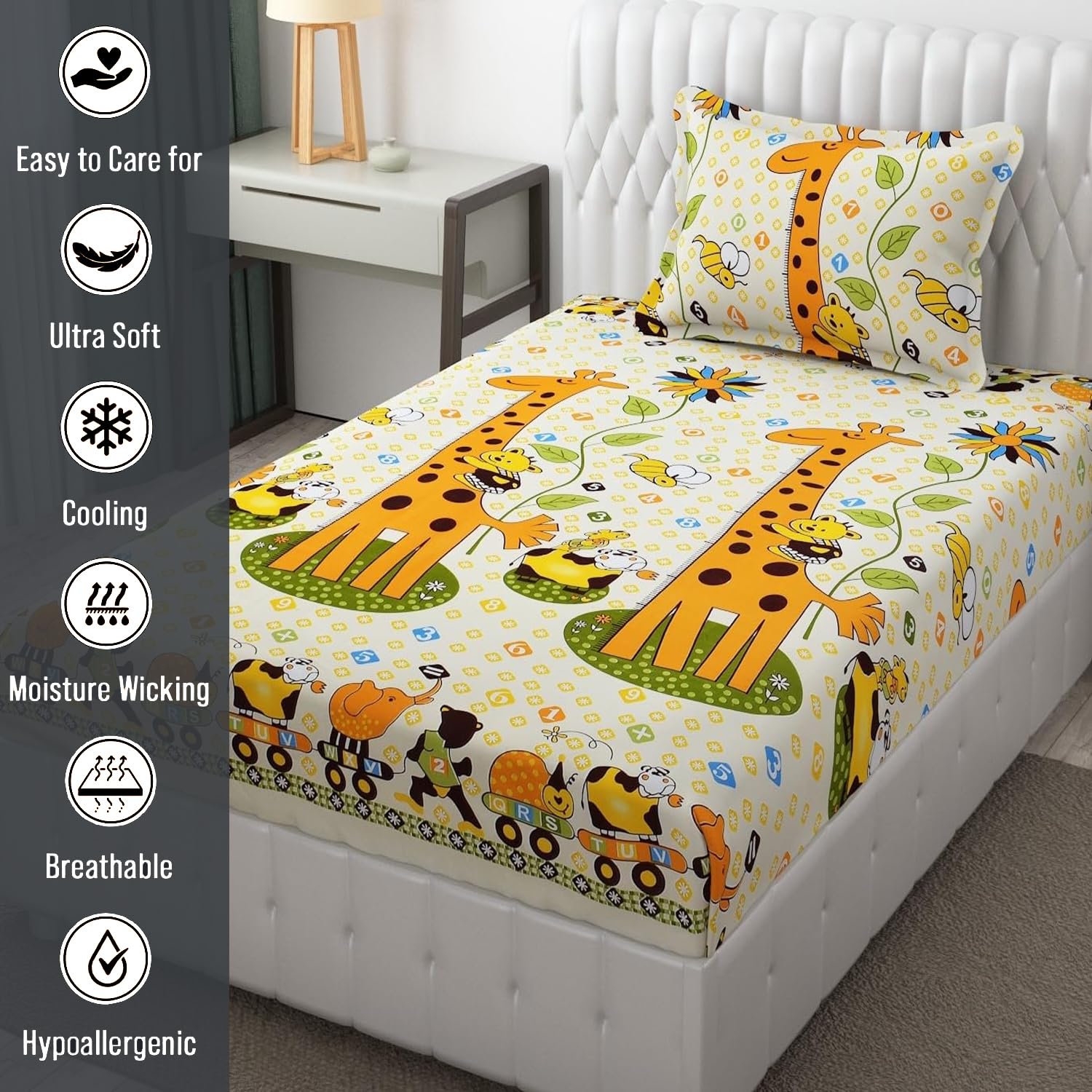 Kids Single Bedsheet Set With 1 Pillow Covers (60 X 90 Inches) Yellow | Durable & Long-Lasting | 144 Thread Count | Wrinkle Free