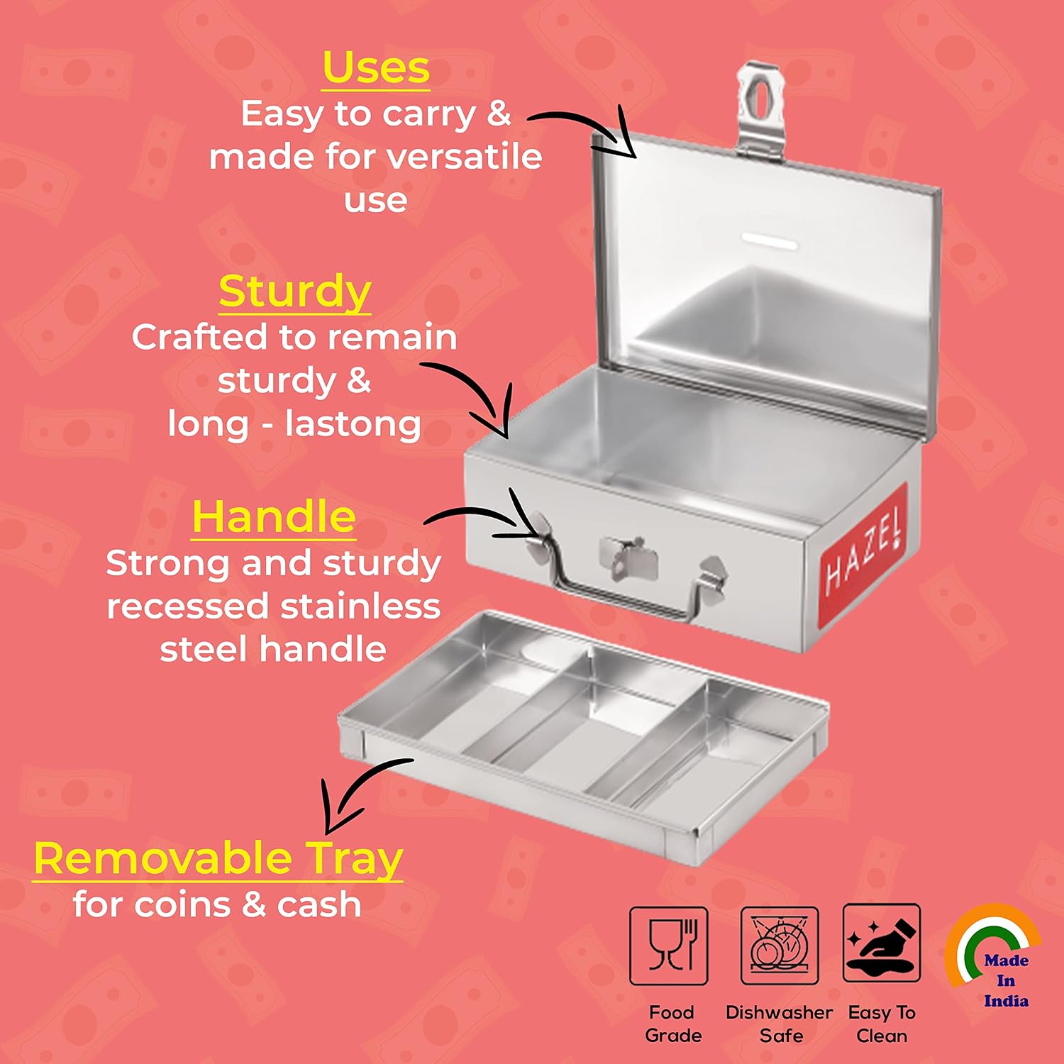 Stainless Steel Cash Box For Shop Counter Drawer, Locking Metal Box For Cash With 4 Compartments For Adults, Set Of 2, Small & Medium, Colour - Silver