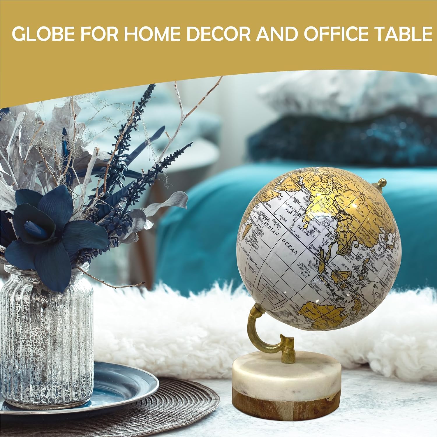 Rotating Globe With Elegant Wood & Marble Base For Home Decor, Office Table, Gift, Kids Room Decor, Living Room Showpiece, Pack Of 1