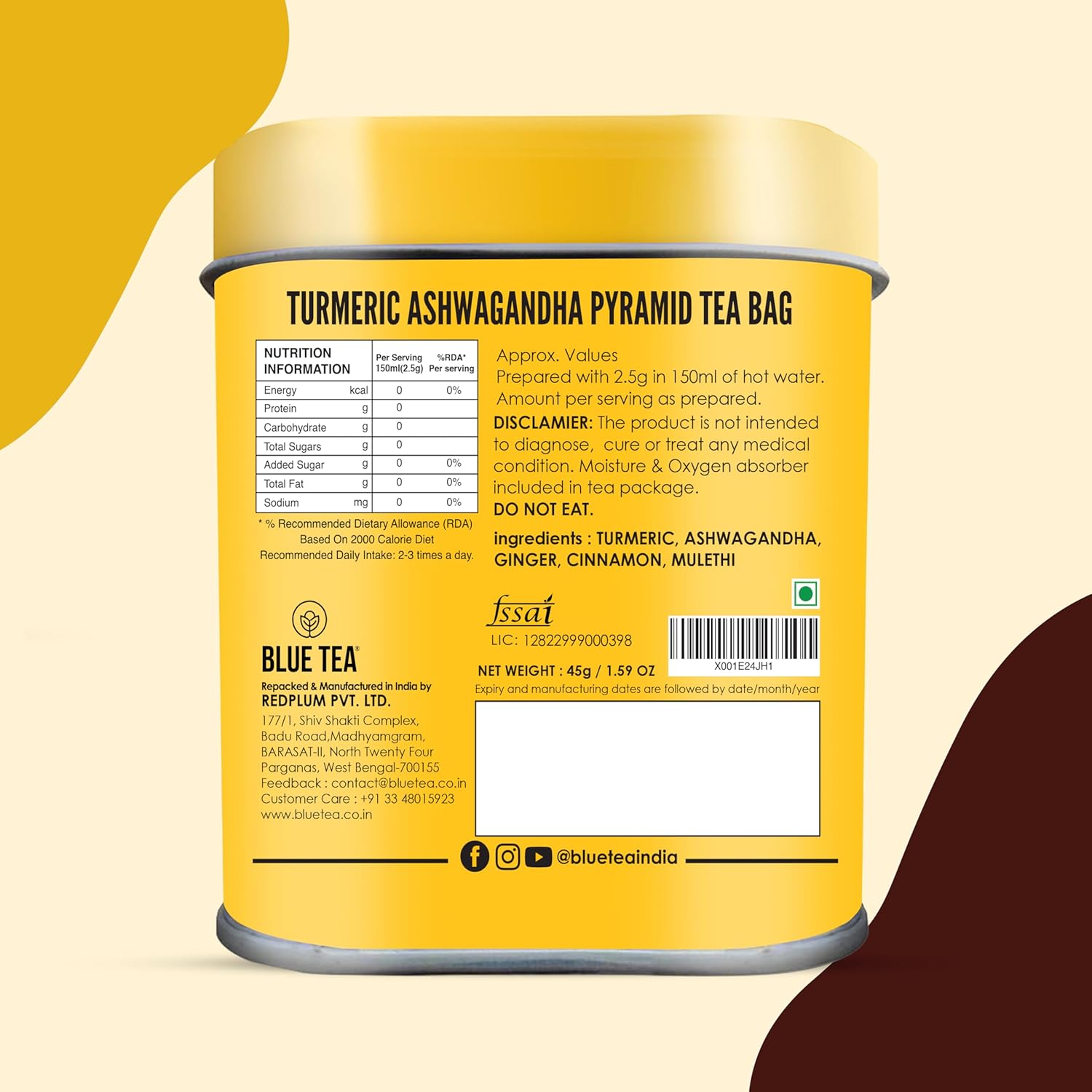 Blue Tea Curcumin Rich Turmeric Ashwagandha Herbal Tea - 30 Pyramid Tea Bags In Reusable Tin Pack | Enhances Immune System - Caffeine Free, Gluten Free, Non-GMO
