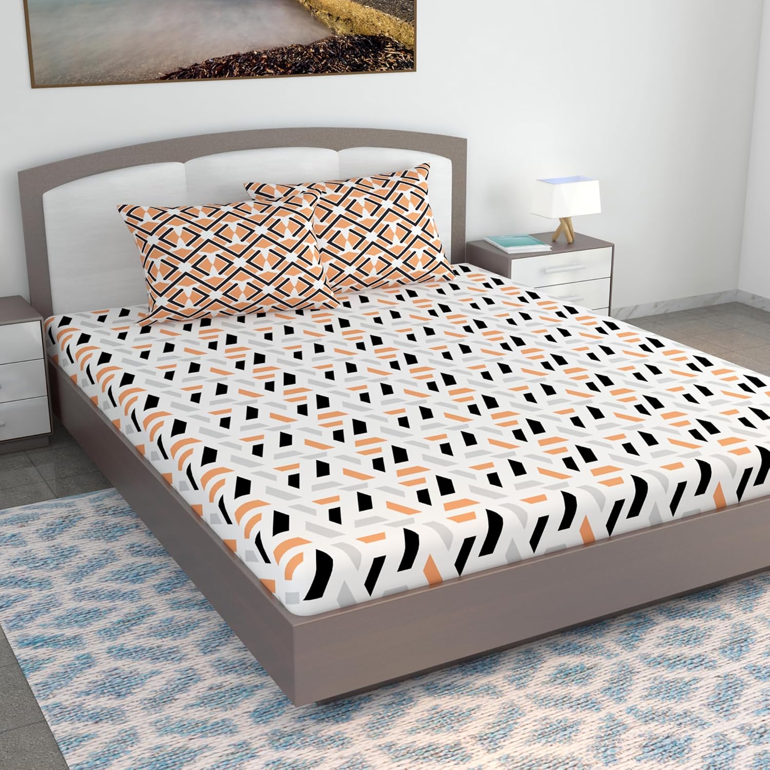 Cotton Extra Double Bedsheet For King Size With 2 Pillow Covers | 87 X 106 Inches, Peach & White - Ideal For Home, Guest House, Hotel | Soft & Breathable Fabric