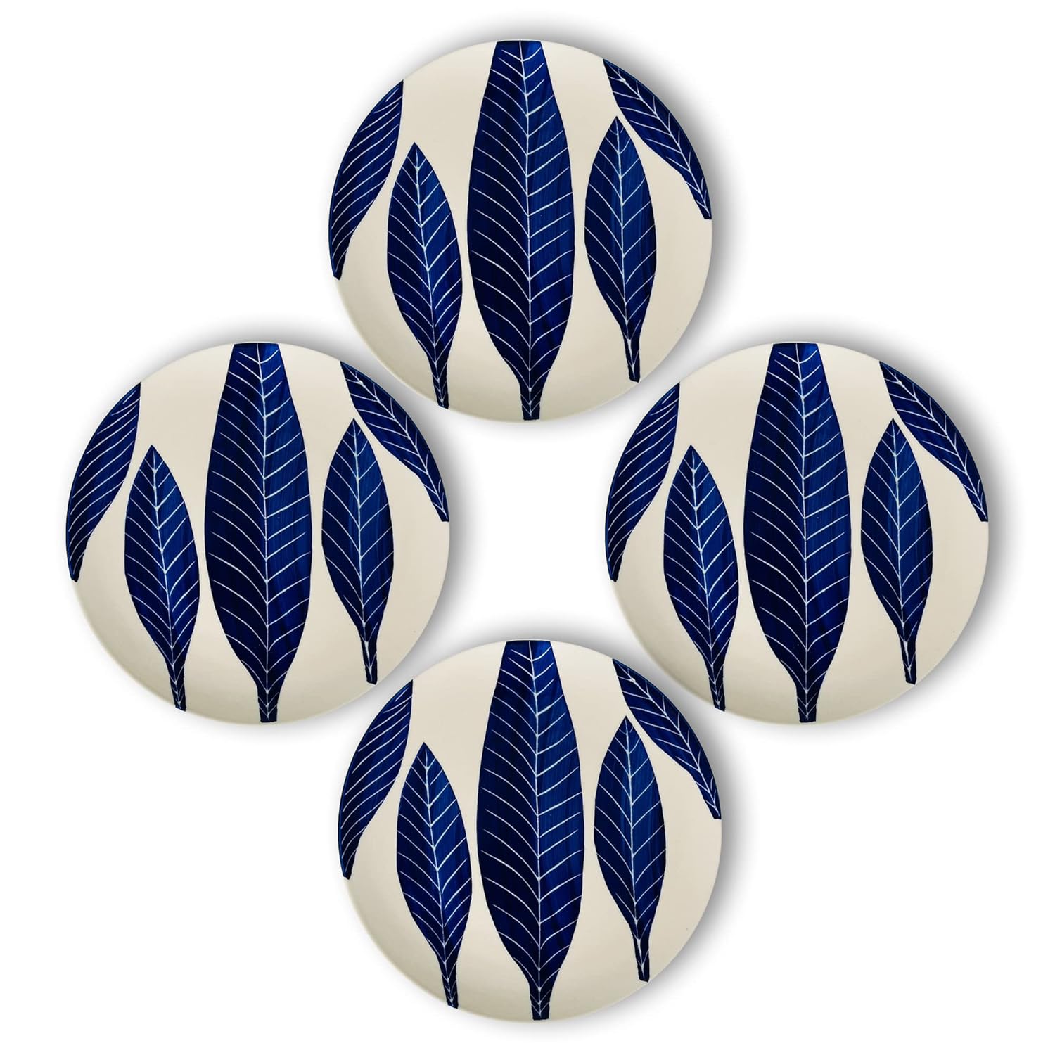 Patram Ceramic Dinner Plates Set Of 6 - 10 Inches, 6 Pieces, White & Blue | Hand Painted Full Ceramic Plates For Dinner - Microwave Safe & Dishwasher Safe