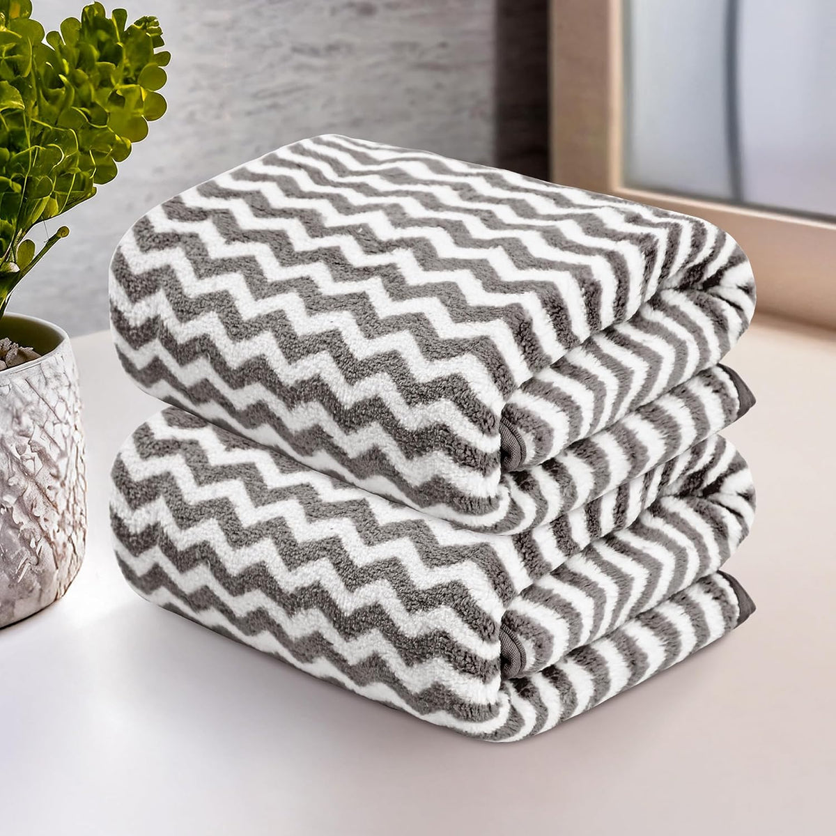 Heart Home Microfiber Soft Face Towels 500 Gsm | Quick Dry & Absorbent Hanging Hand Towels Zig Zag - Grey (Pack Of 2)