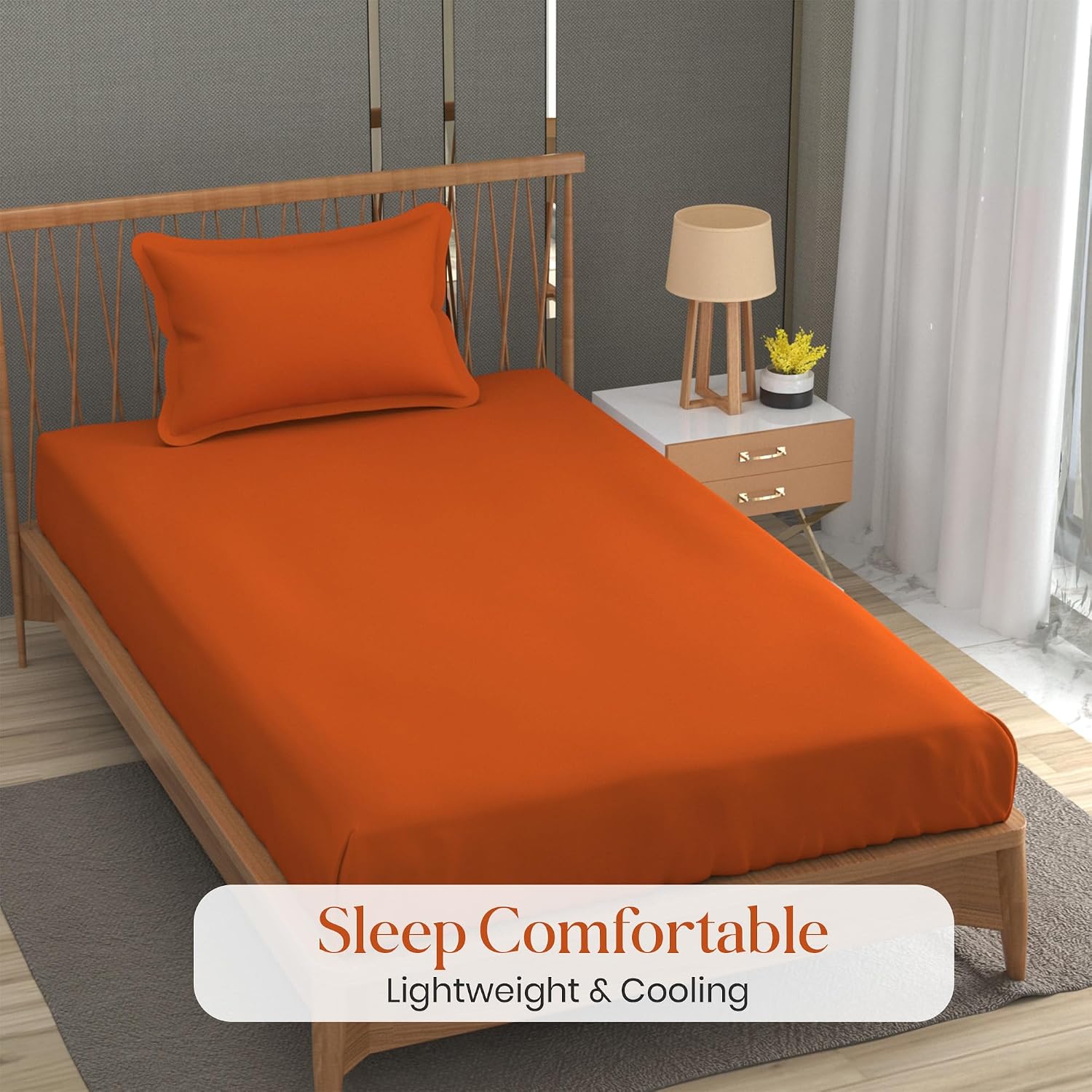 Solid Plain Single Size Bedsheet Set With 1 Pillow Covers | Size - 60 X 90 Inches, Orange | Ideal For All Seasons Due To Its Breathable Nature