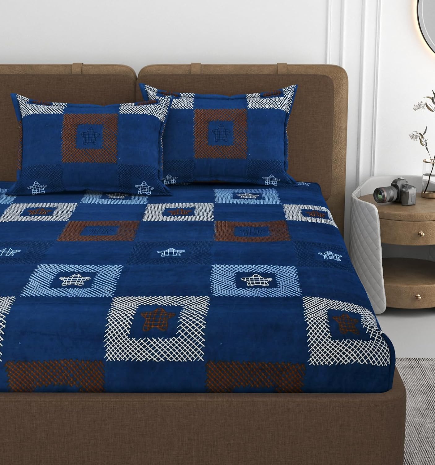 Queen Size Double Bedsheets With 2 Pillow Cover - Size 60 X 78 X 10 Inches, Dark Blue | All Around Elastic Fitted - Lightweight, Soft & Comfortable