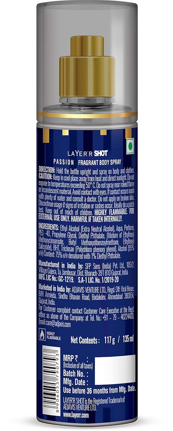 Layer'r Shot Gold Passion Fragrant Body Spray 135ml 4.56 Fl.oz. | Perfect For All Day Long Freshness | For Men