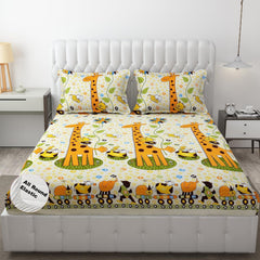 Cartoon Printed Double Bedsheet For Kids With 2 Pillow Cover - 72 X 78 X 10 Inches, Yellow | Cotton Feel All Around Elastic Fitted King Size Double Bed
