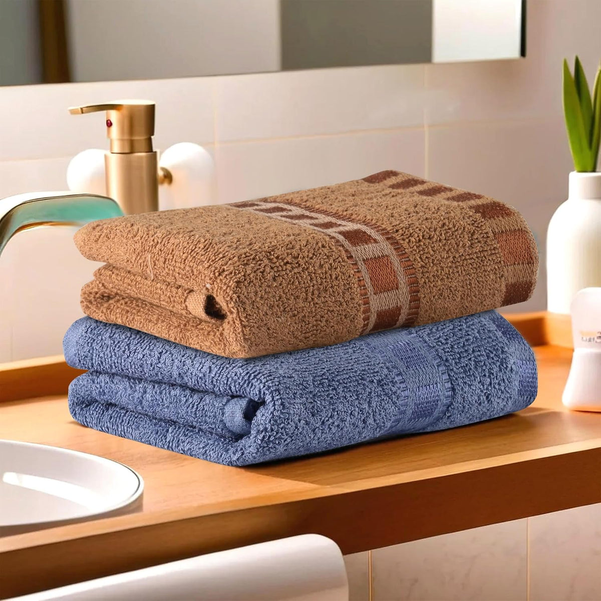 Kuber Industries Face Towel 400 Gsm | Towels For Daily Use Workout Hand Towel | Lining Design | Pack Of 2 (Dark Blue & Golden)