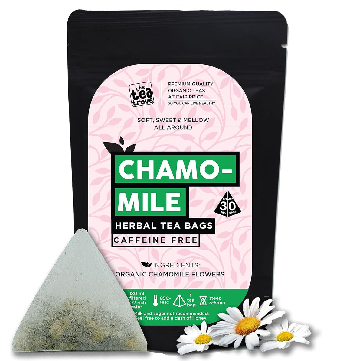 The Tea Trove Organic Chamomile Herbal Tea Bags In Resealable Pouch - 30 Unwrapped Tea Bags | Caffeine Free Chamomile For Sleep & Stress Relief Tea - Steep Hot Or Iced