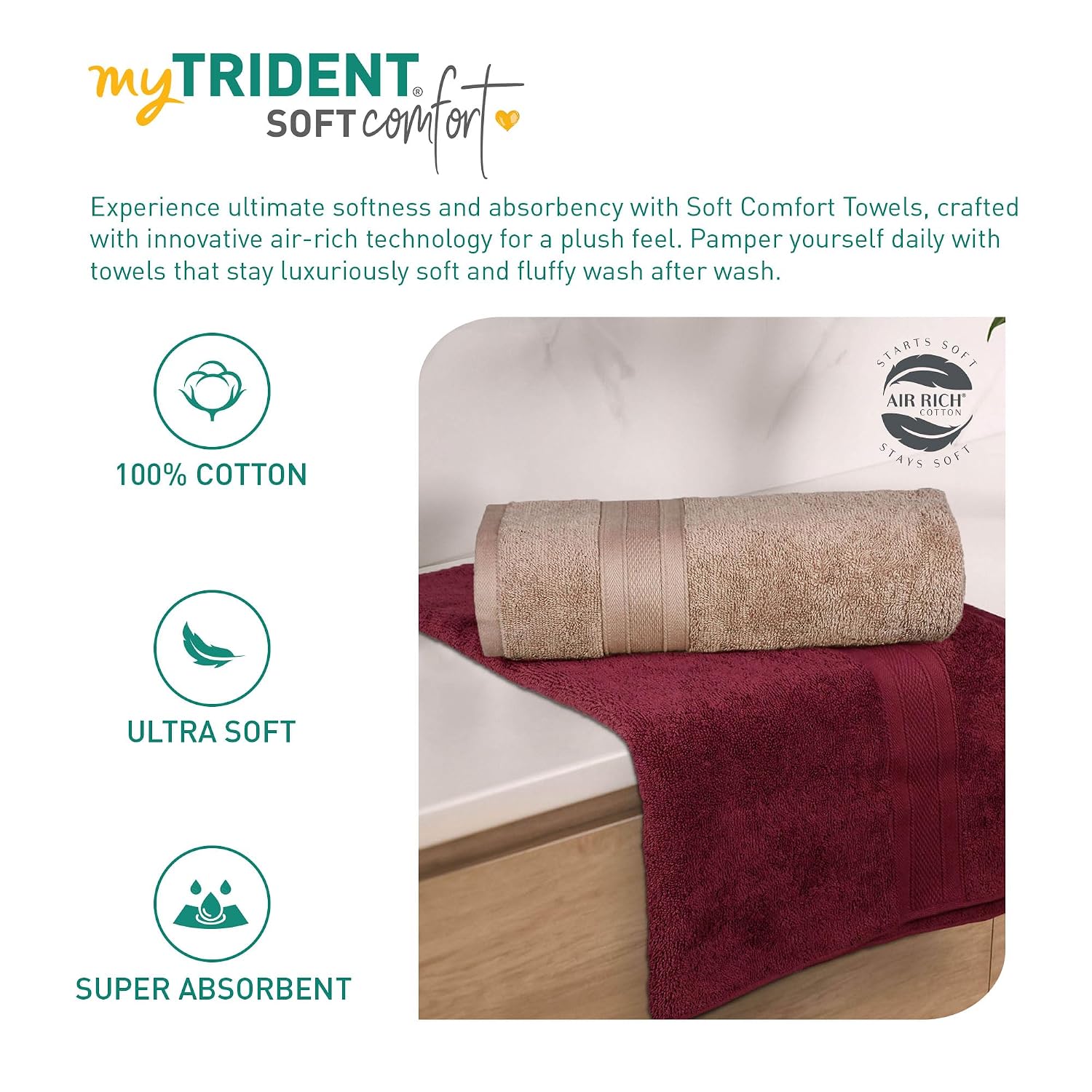 Mytrident Soft Comfort Air Rich 100% Cotton Bath Towel 1000 Gsm | Highly Absorbent Towels For Men & Women Bath Towel (Acorn & Wine Red) - 2 Pcs