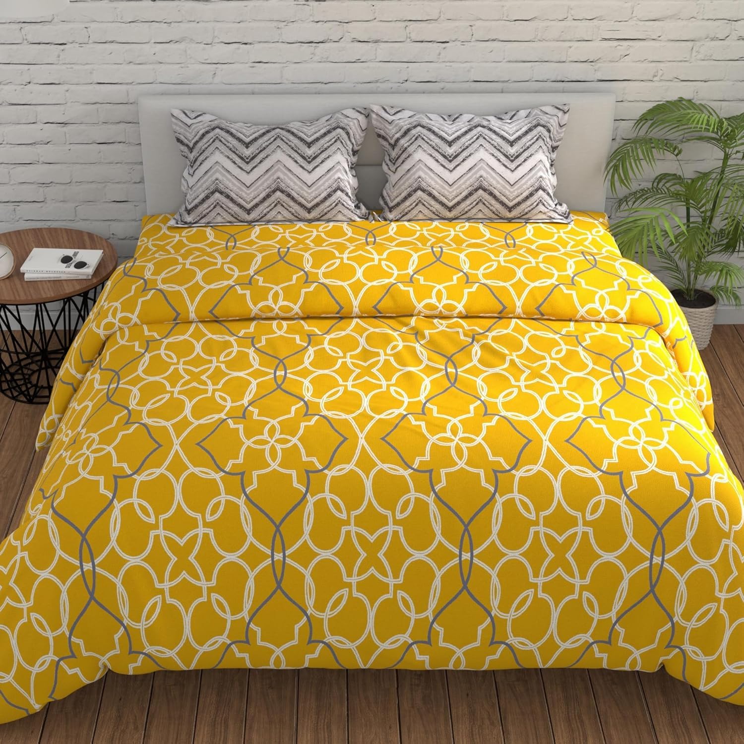 King Size For Bedsheet With 2 Pillow Covers - 108 X 108 Inches, Yellow & Grey | Cotton Fabric Suitable For Bedsheet | 144 Thread Count