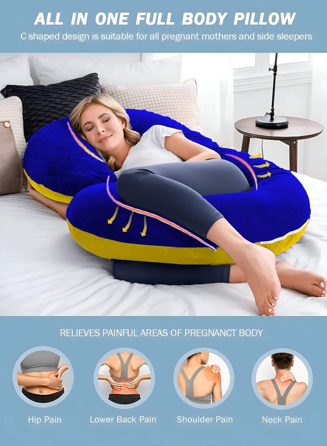 C Shaped Pillow, Pregnancy Pillow For Maternity & Baby Nursing - Gold & Royal Blue | Pregnant Women Stomach, Spine, Neck Support, Velvet Outer Cover With Zip, Adjustable, Multipurpose Use