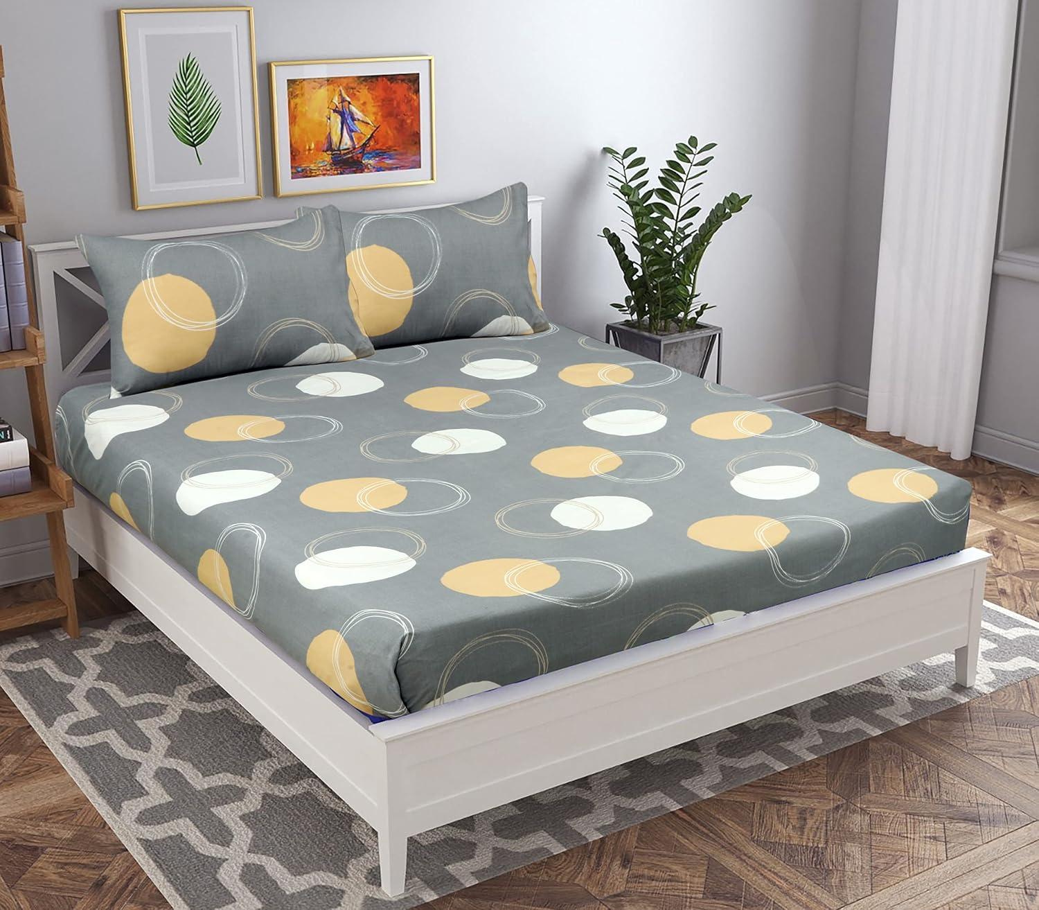 Double Bedsheet With 2 Matching Pillow Covers Set | 72 X 78+10 Inches, Grey - Designer Printed Bedsheet Set | Perfectly Styled & Coordinated Look Bedsheet