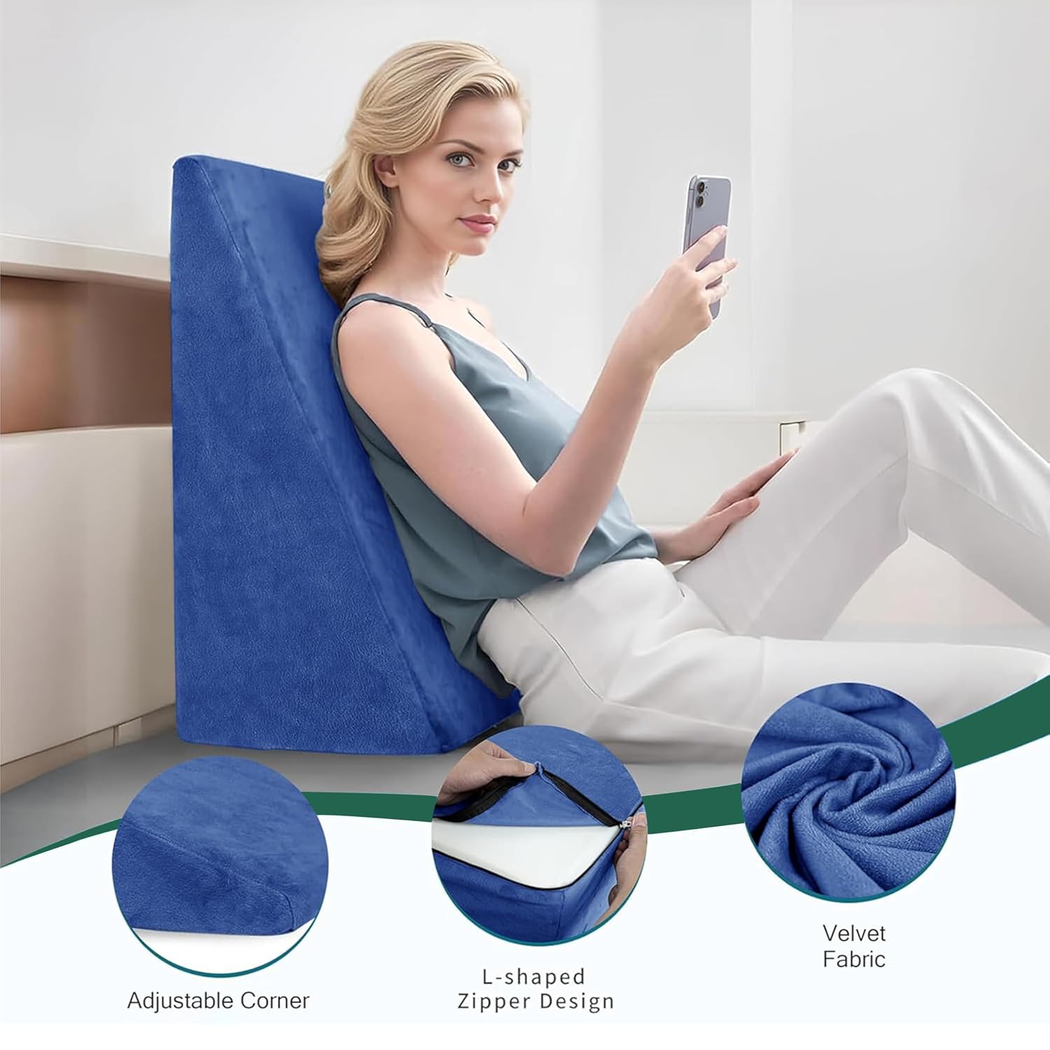 Wedge Pillow, Back Support Pillow For Neck Pain, Medium Firm, Blue Color | Pillow For Headaches, Reflux, Shoulders, Back Pain & High Resilience, Velvet Fabric, Adjustable Pillow - Pack Of 1