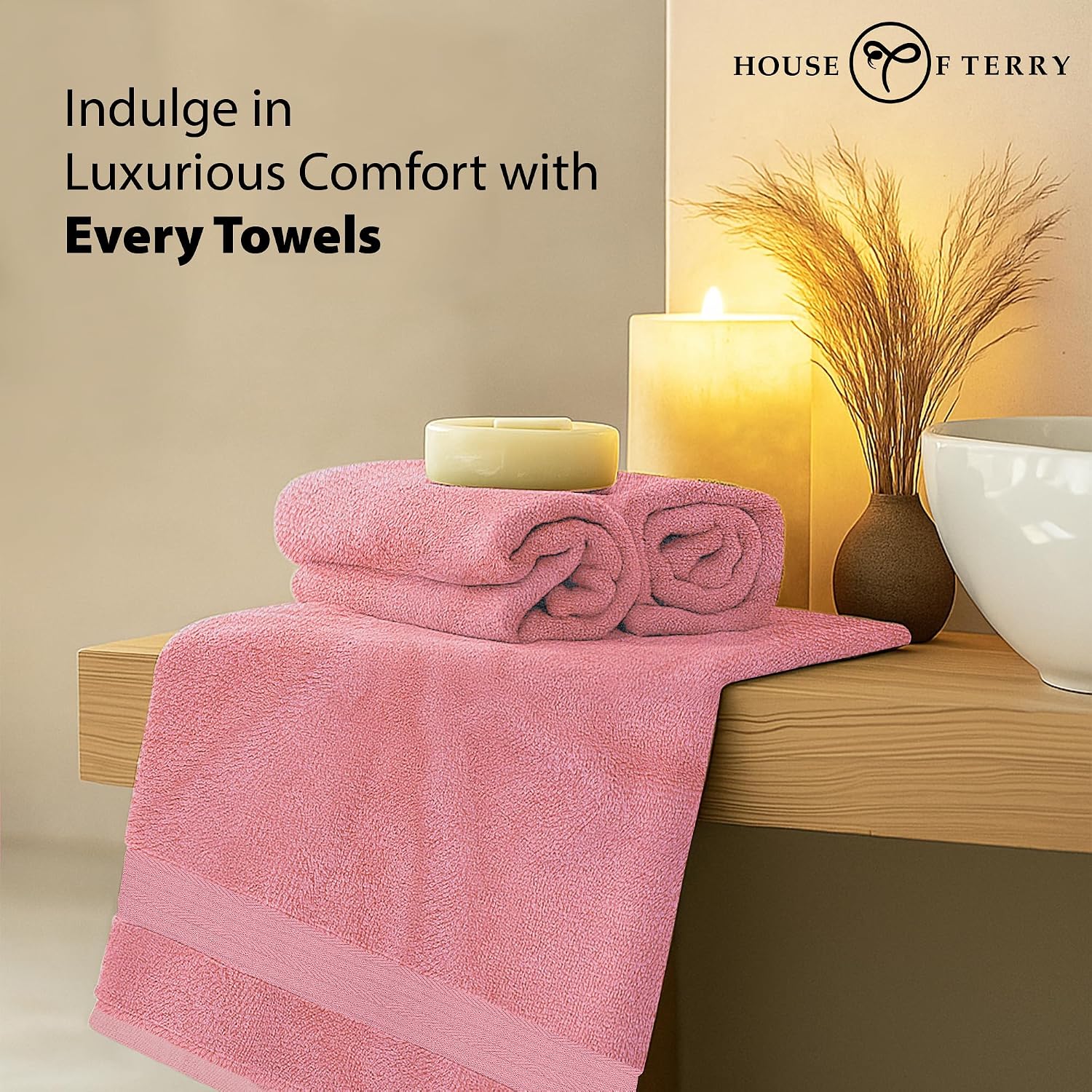 House Of Terry 100% Cotton Bath Towel 1000 Gsm | Quick Dry, Soft & Absorbent, Fade-Resistant, Skin-Friendly Large Size Towel (Baby Pink & Brown) - Pack Of 2