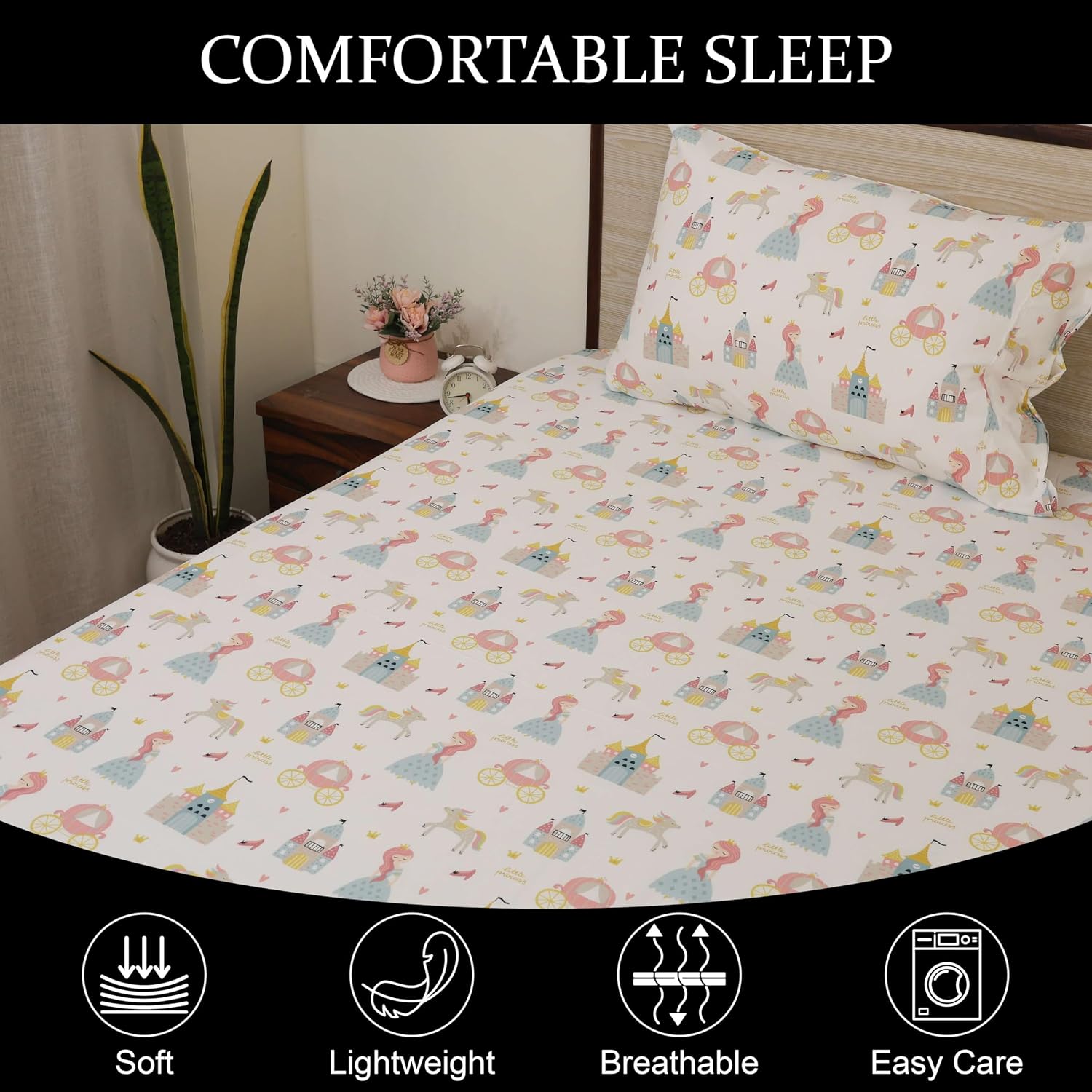 Little Princess Design Single Bedsheet With 2 Pillow Covers - Fun & Colorful Sheet Set For Girls & Kids Room | Size - 60 X 90 Inches, White