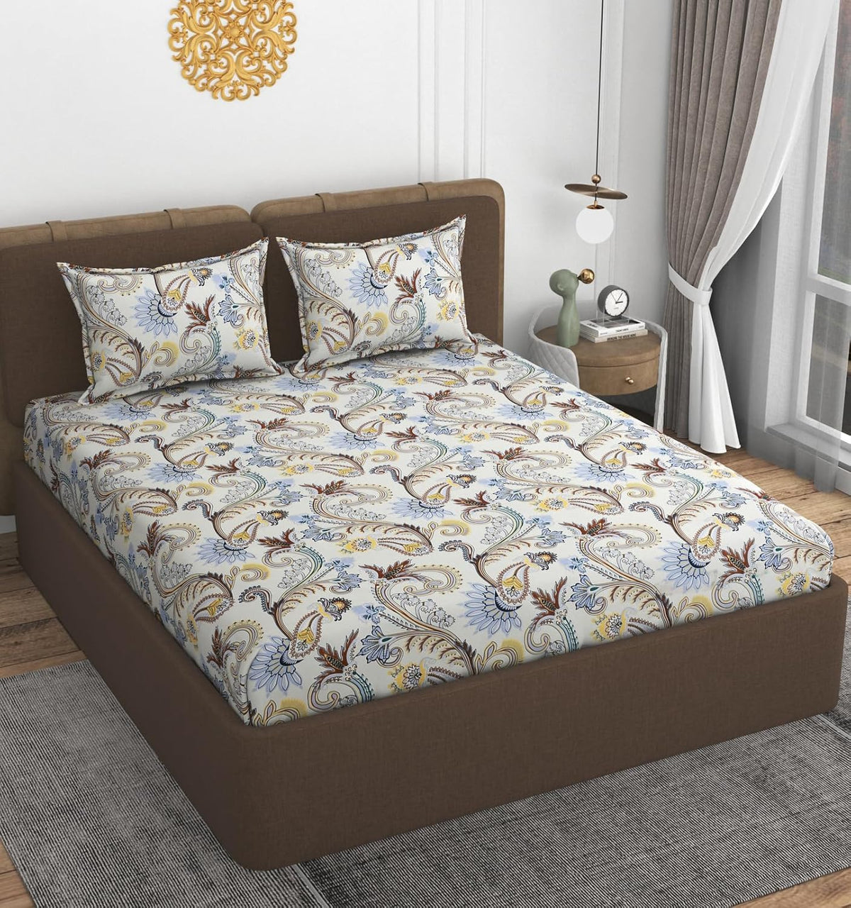 Printed Double Bedsheet With 2 Matching Pillow Covers - 72 X 78 X 10 Inches, Cream | All Around Elastic Fitted King Size Bedsheets | Ideal For Home, Hotel, Bedroom